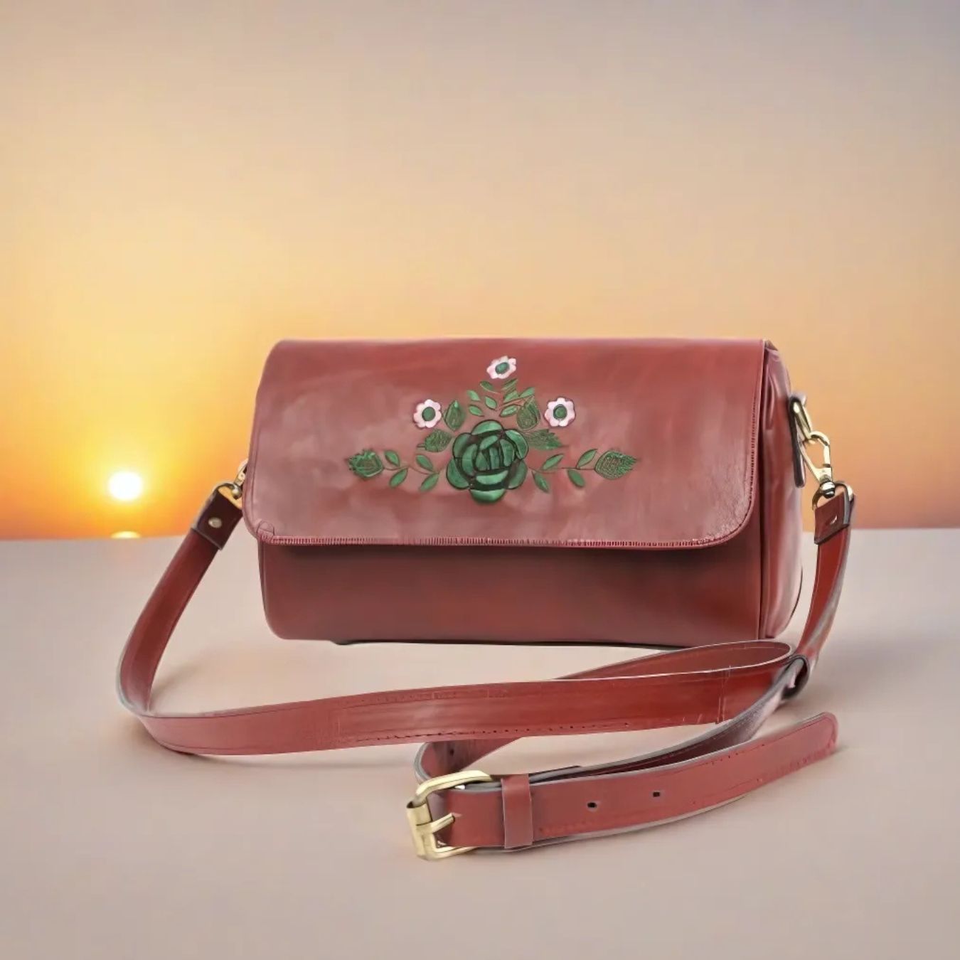 Premium Brown Leather Shoulder Bag with Floral Embroidery – Elegant Craftsmanship for Modern Women