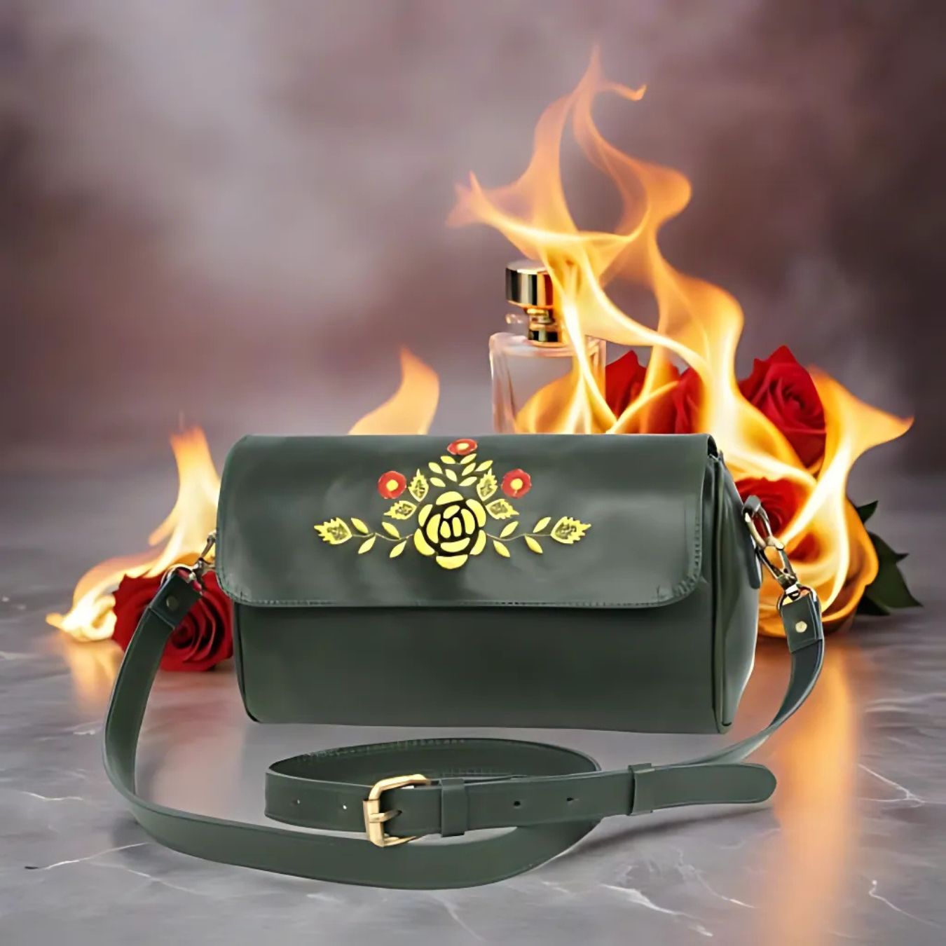 Premium Dark Green Leather Shoulder Bag – Elegant Embroidered Floral Design for Women