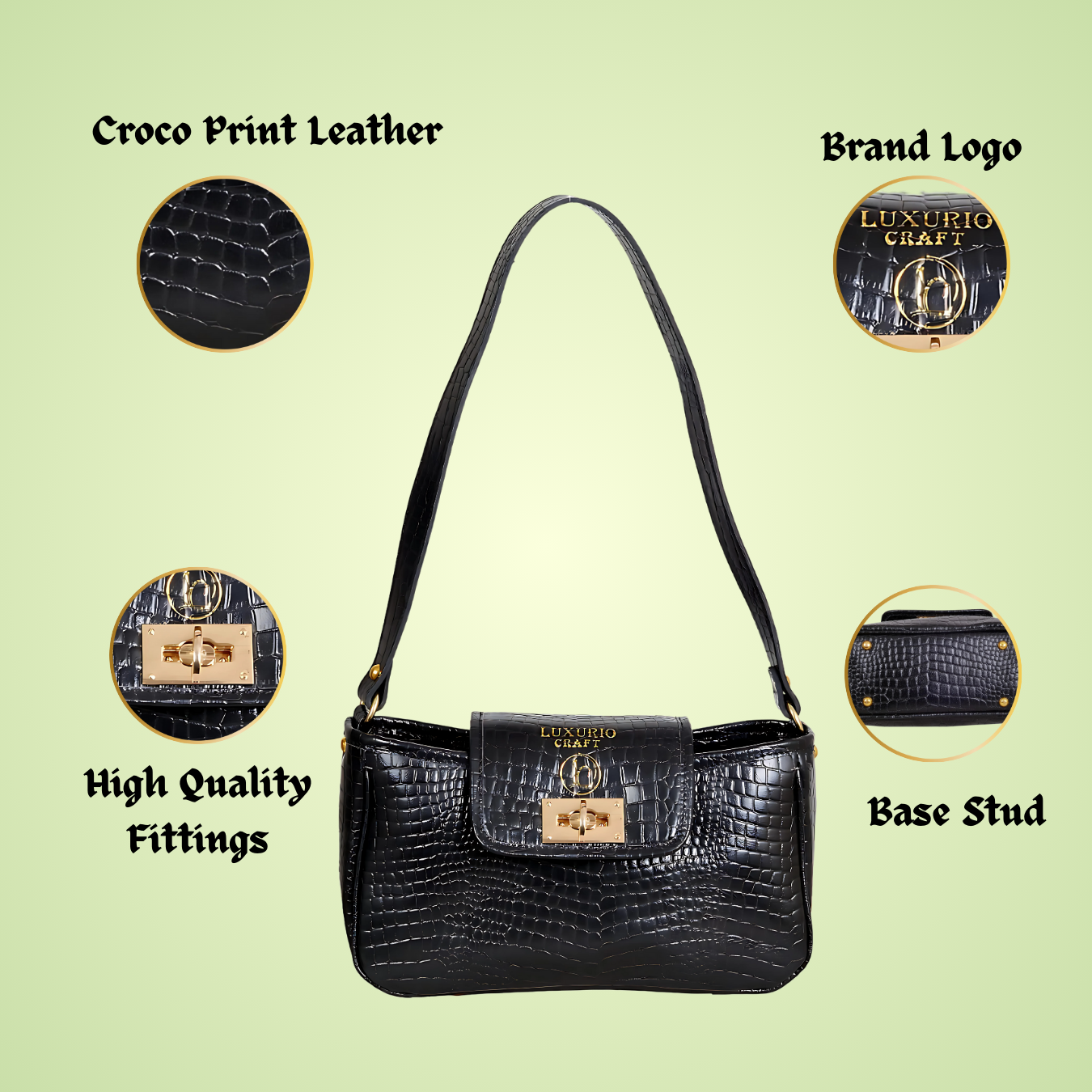 Elegant Black Croco Print Handbag for Women – Timeless & Versatile