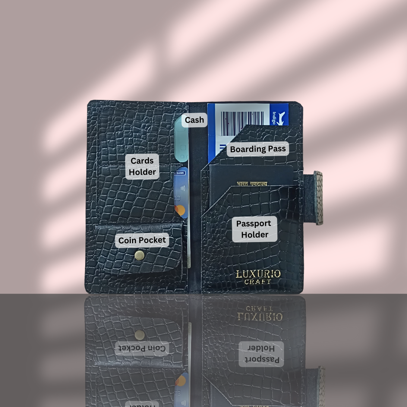 Black Croco Print Passport Holder Wallet – Sleek, Secure & Travel-Friendly (Unisex)