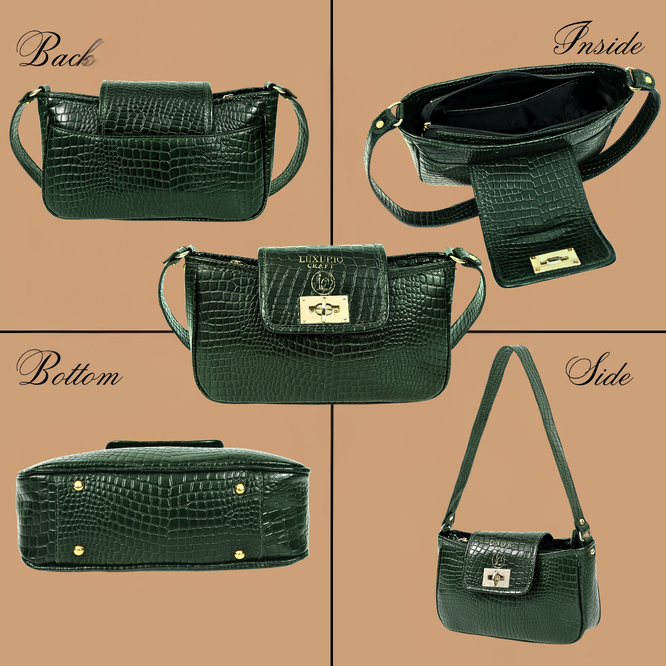 Dark Green Croco Print Handbag for Women – Elegant & Stylish