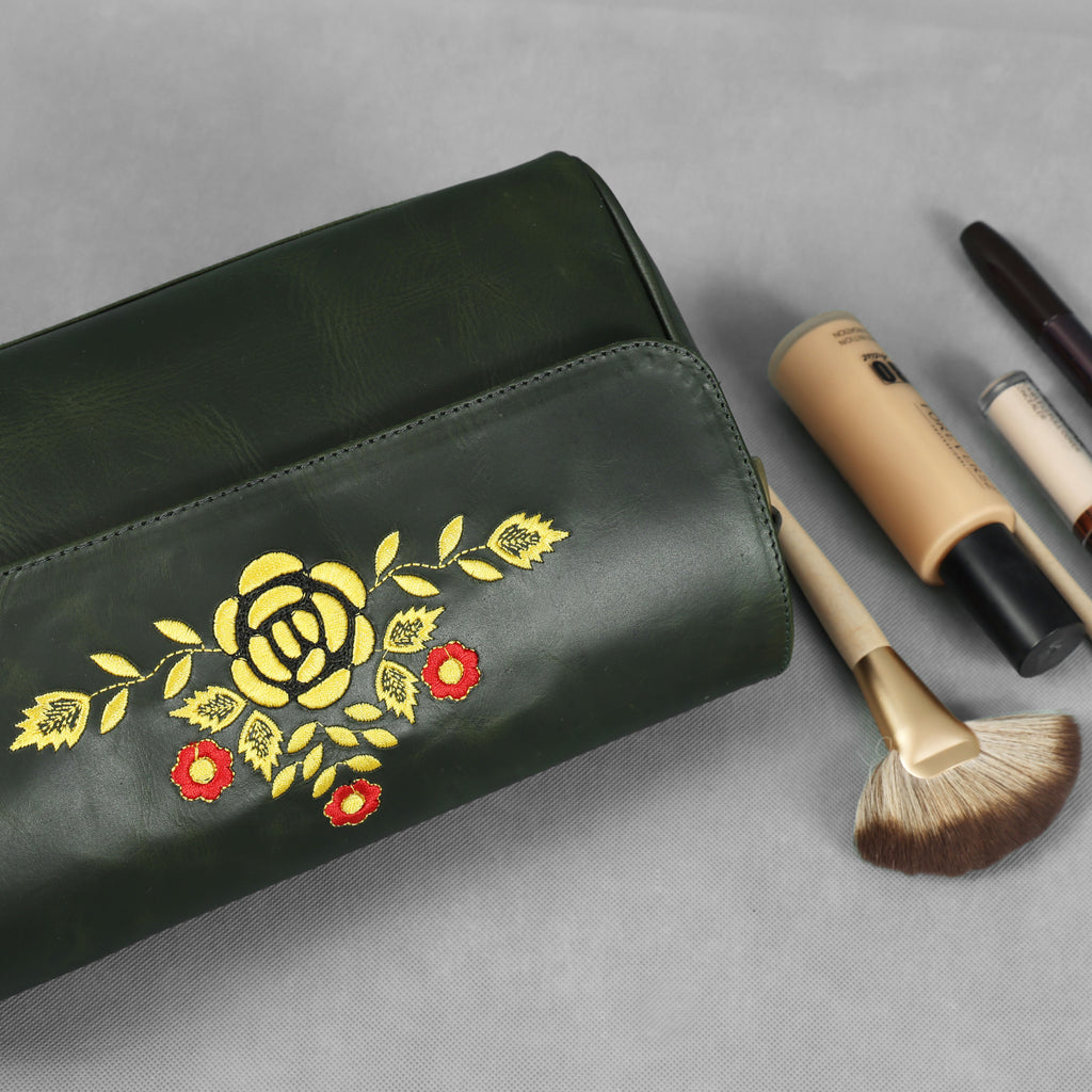 Premium Dark Green Leather Shoulder Bag – Elegant Embroidered Floral Design for Women