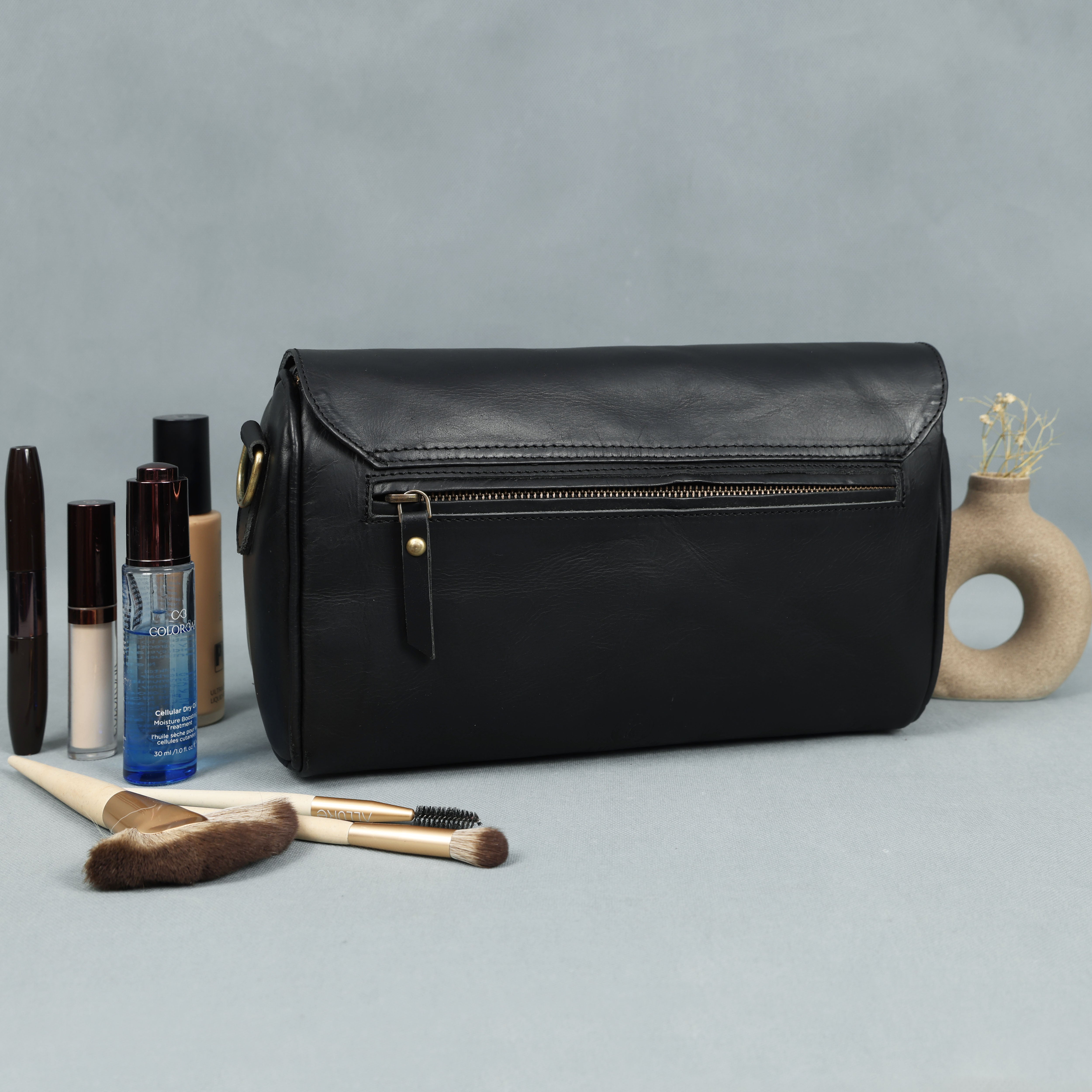 Premium Black Leather Shoulder Bag – Floral Embroidered Chic Elegance
