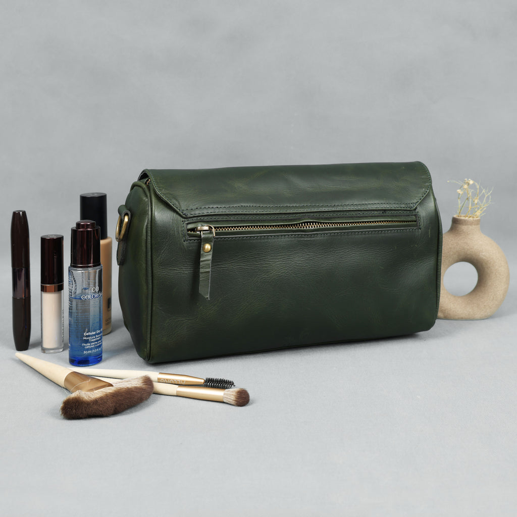 Premium Dark Green Leather Shoulder Bag – Elegant Embroidered Floral Design for Women