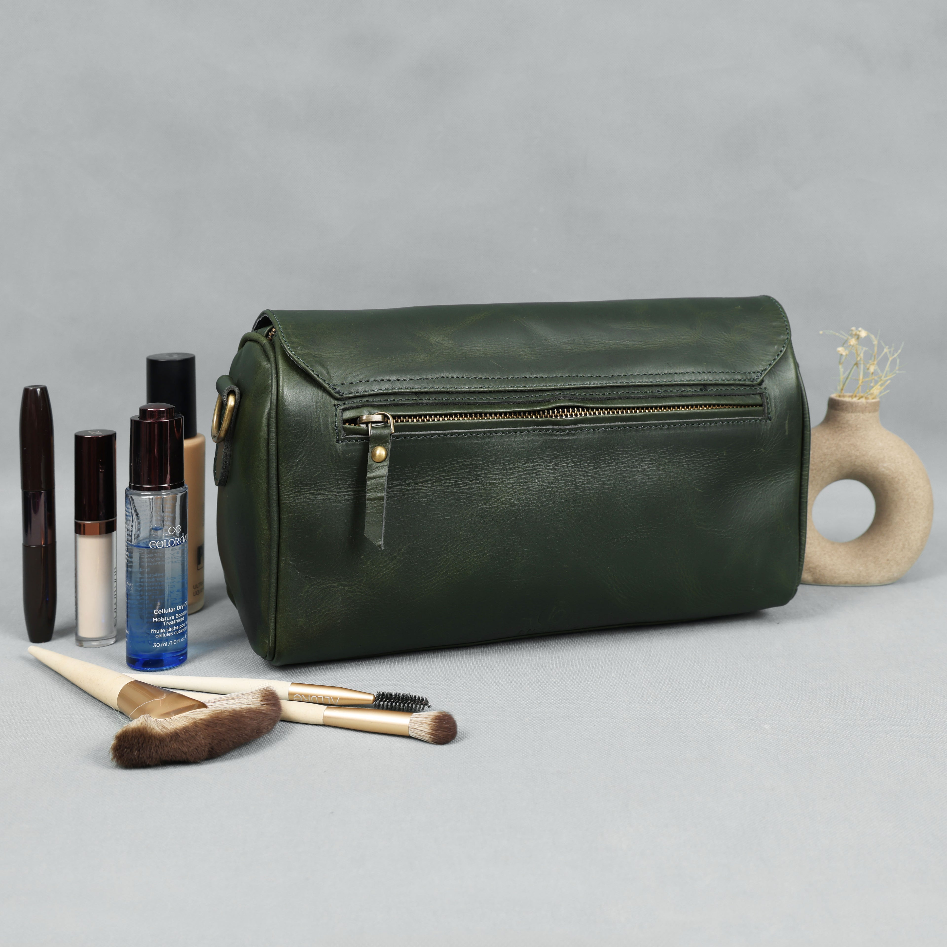 Premium Dark Green Leather Shoulder Bag – Elegant Embroidered Floral Design for Women