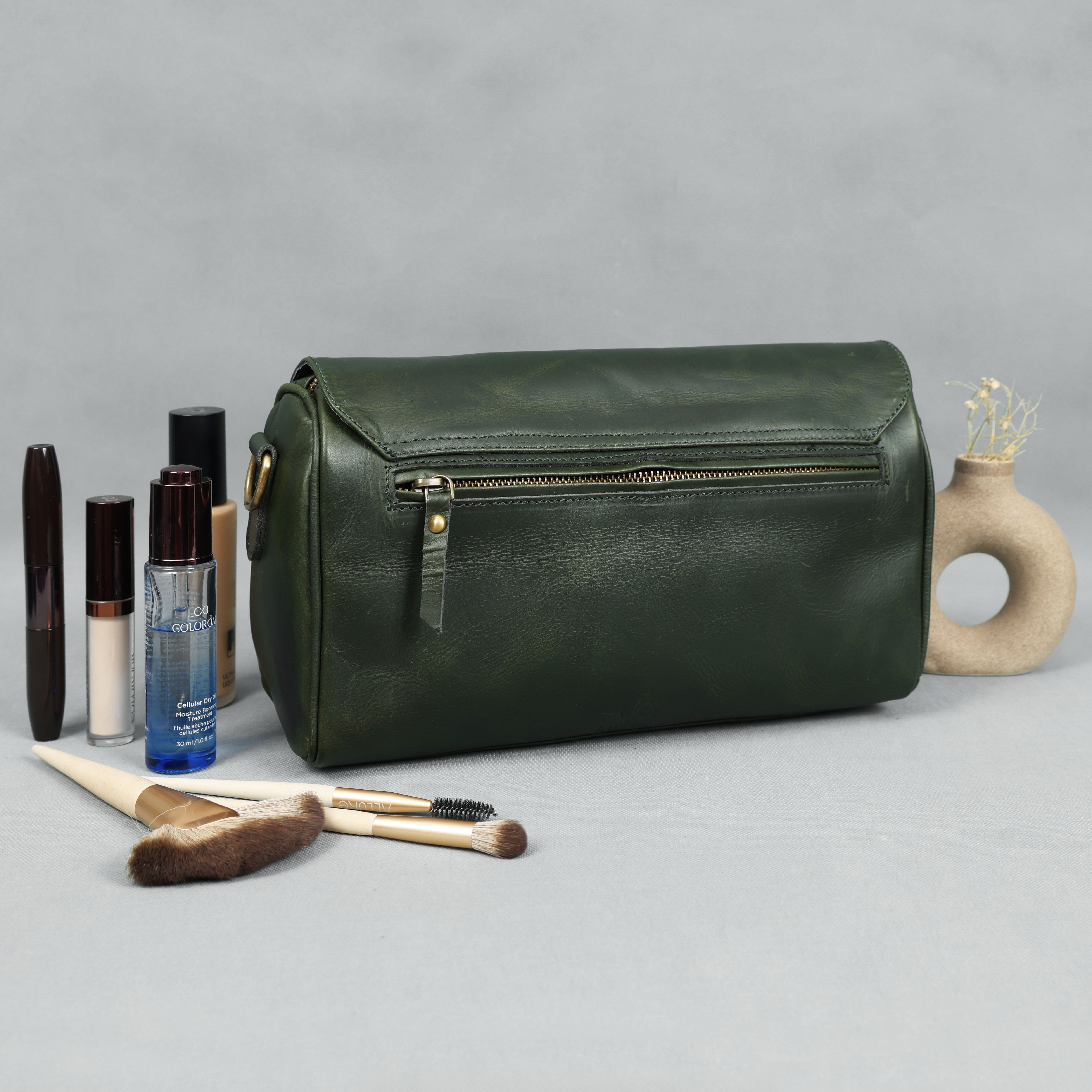 Premium Dark Green Leather Shoulder Bag – Elegant Embroidered Floral Design for Women