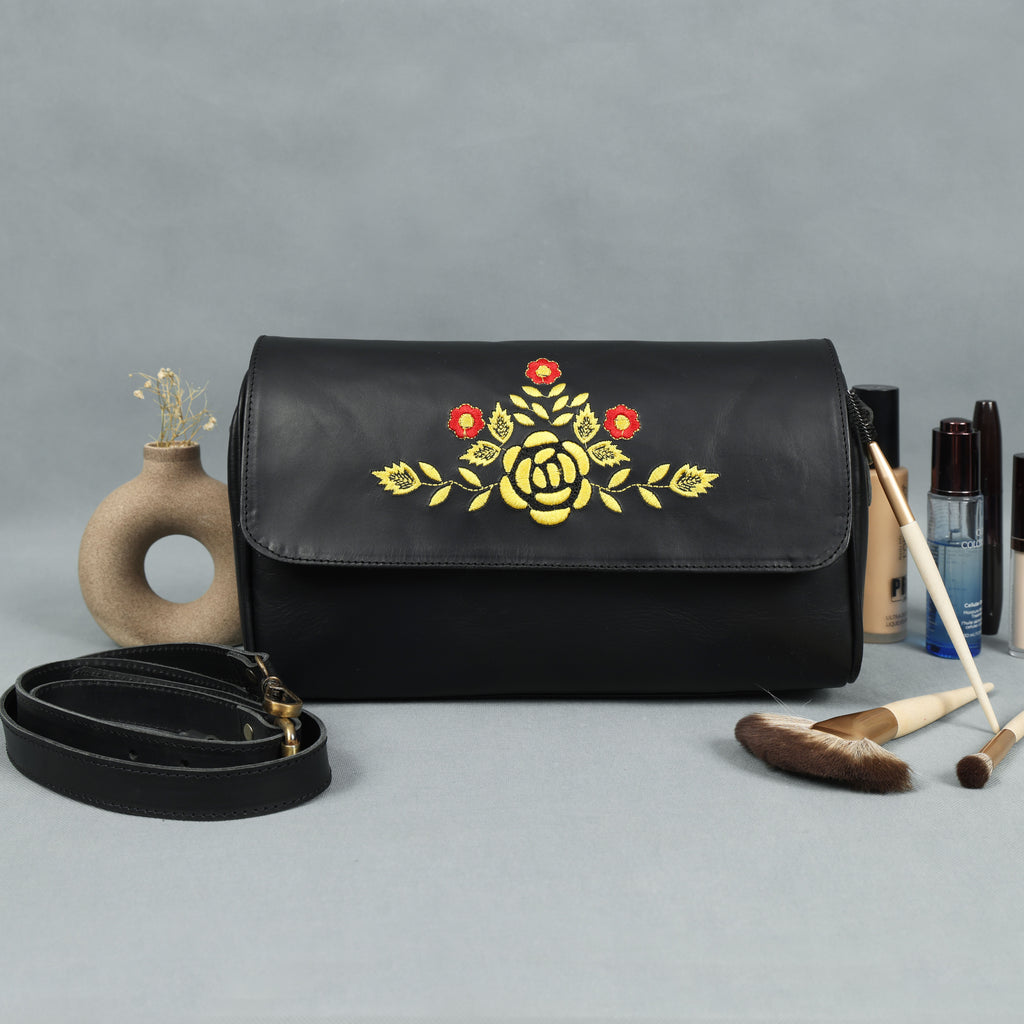 Premium Black Leather Shoulder Bag – Floral Embroidered Chic Elegance