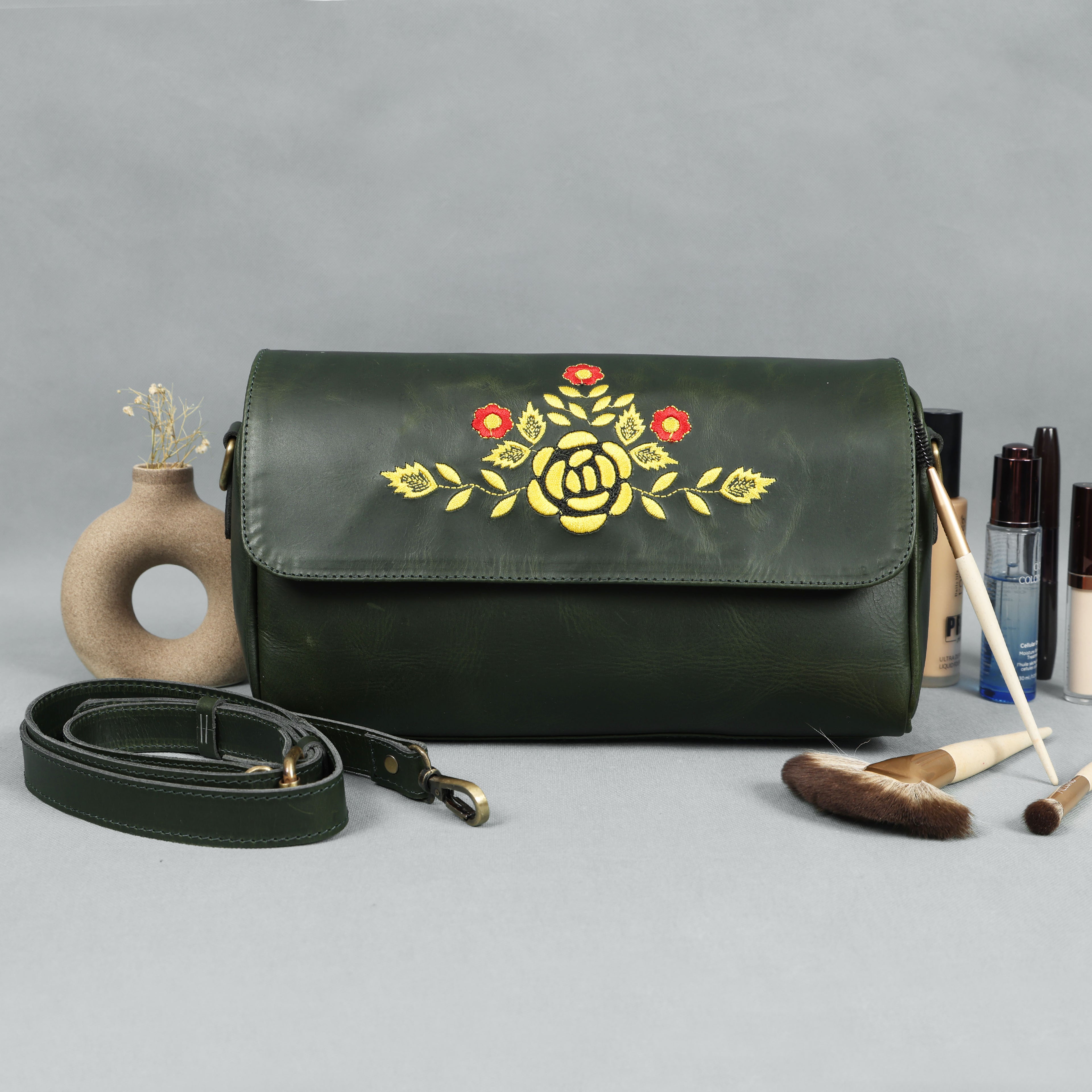 Premium Dark Green Leather Shoulder Bag – Elegant Embroidered Floral Design for Women