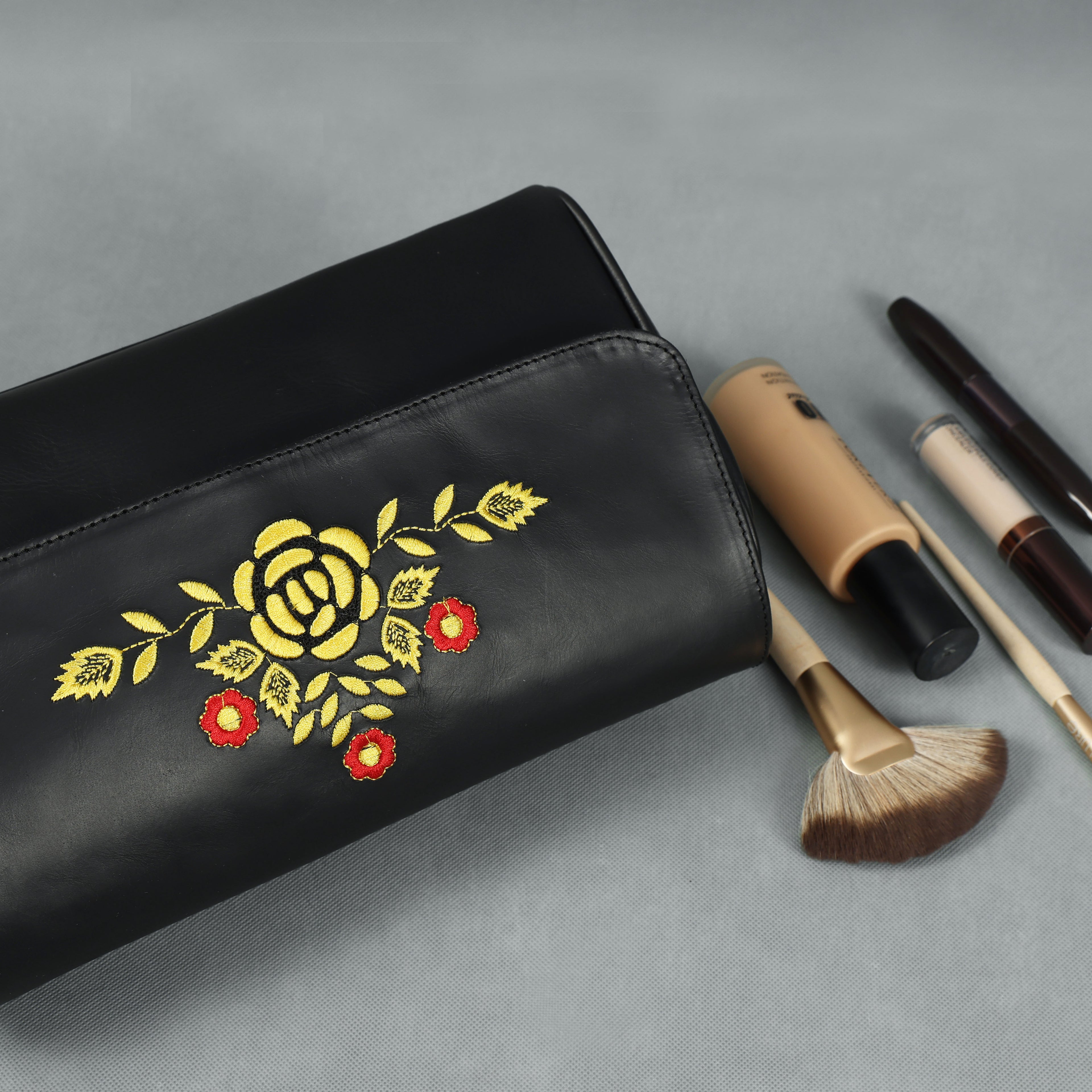 Premium Black Leather Shoulder Bag – Floral Embroidered Chic Elegance