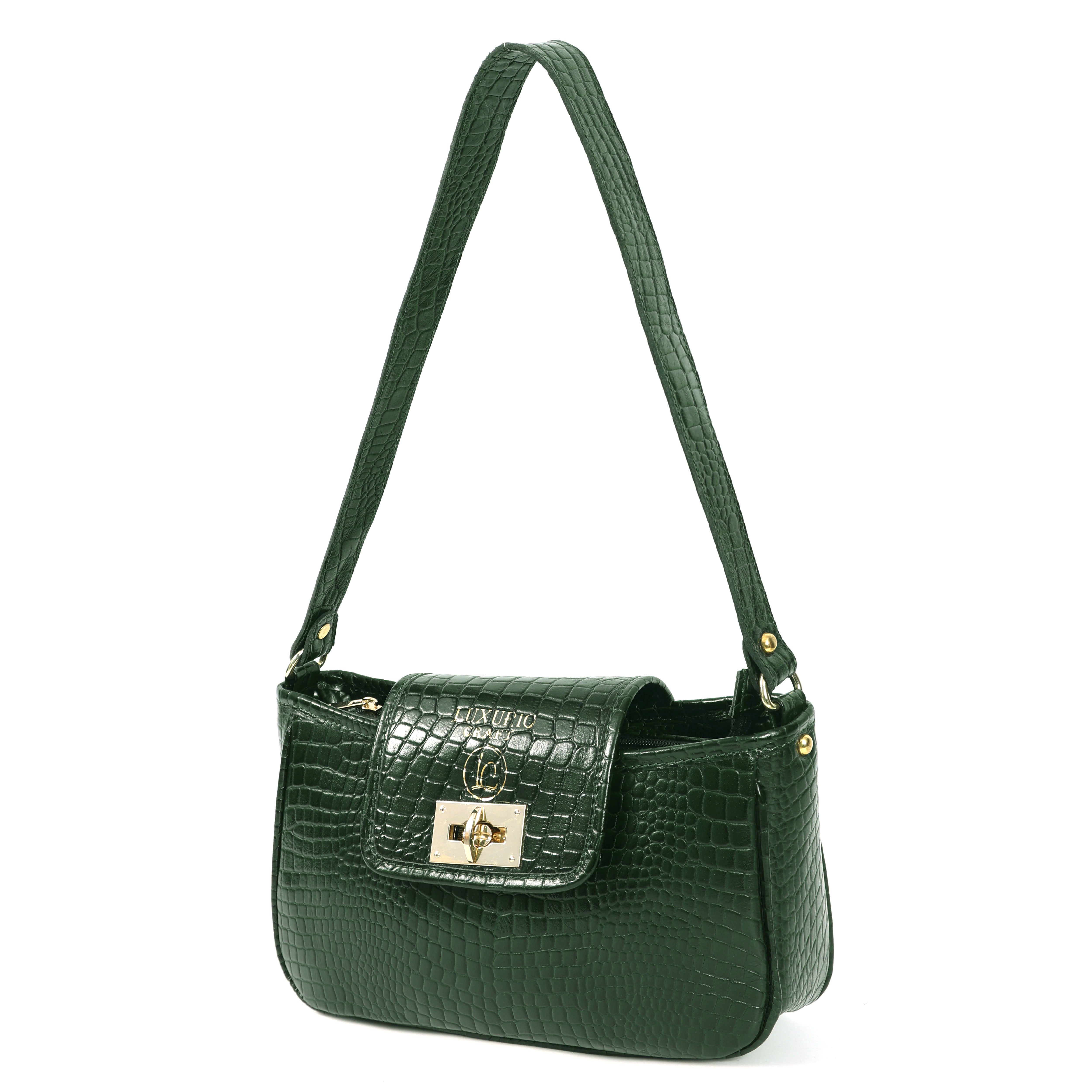 Dark Green Croco Print Handbag for Women – Elegant & Stylish