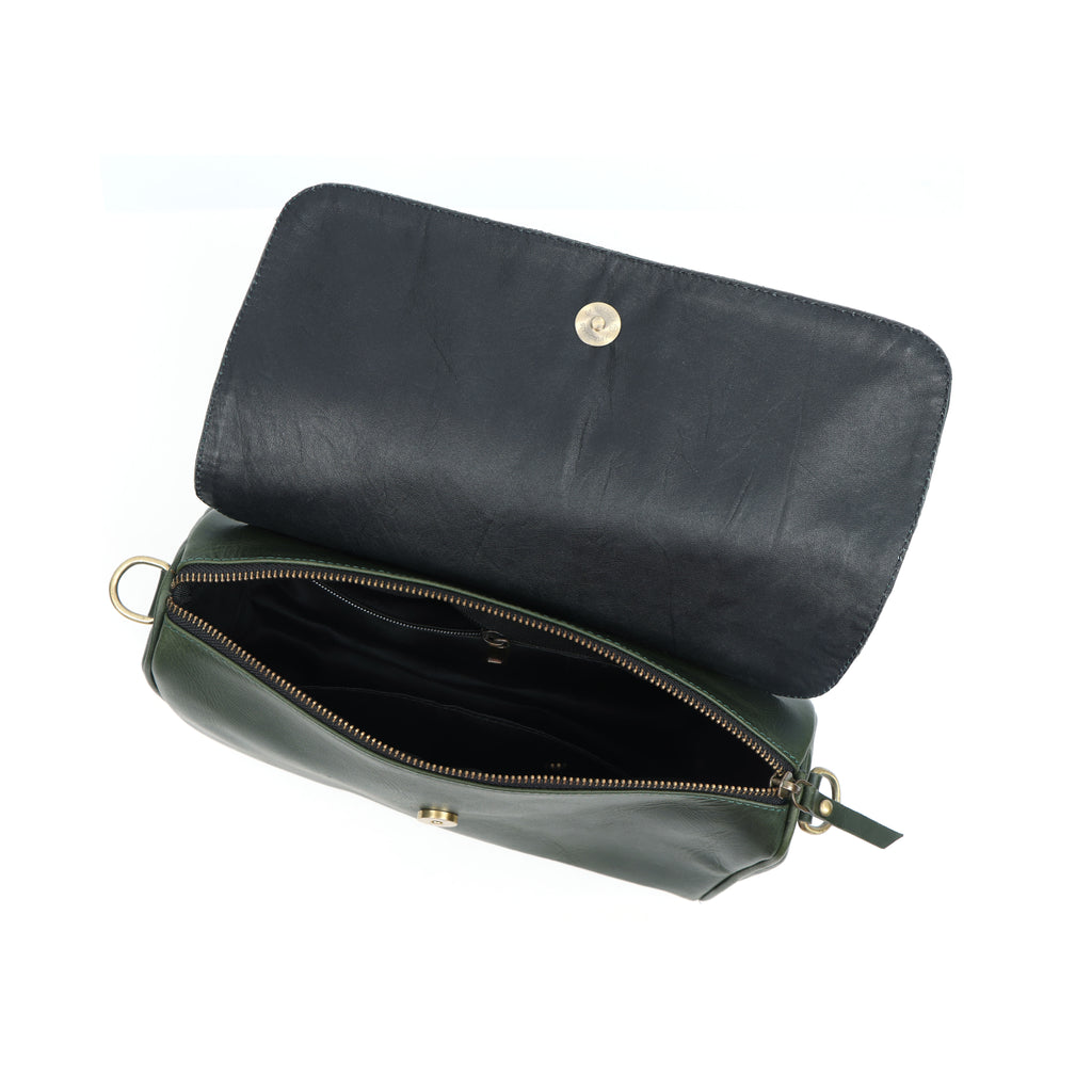 Premium Dark Green Leather Shoulder Bag – Elegant Embroidered Floral Design for Women