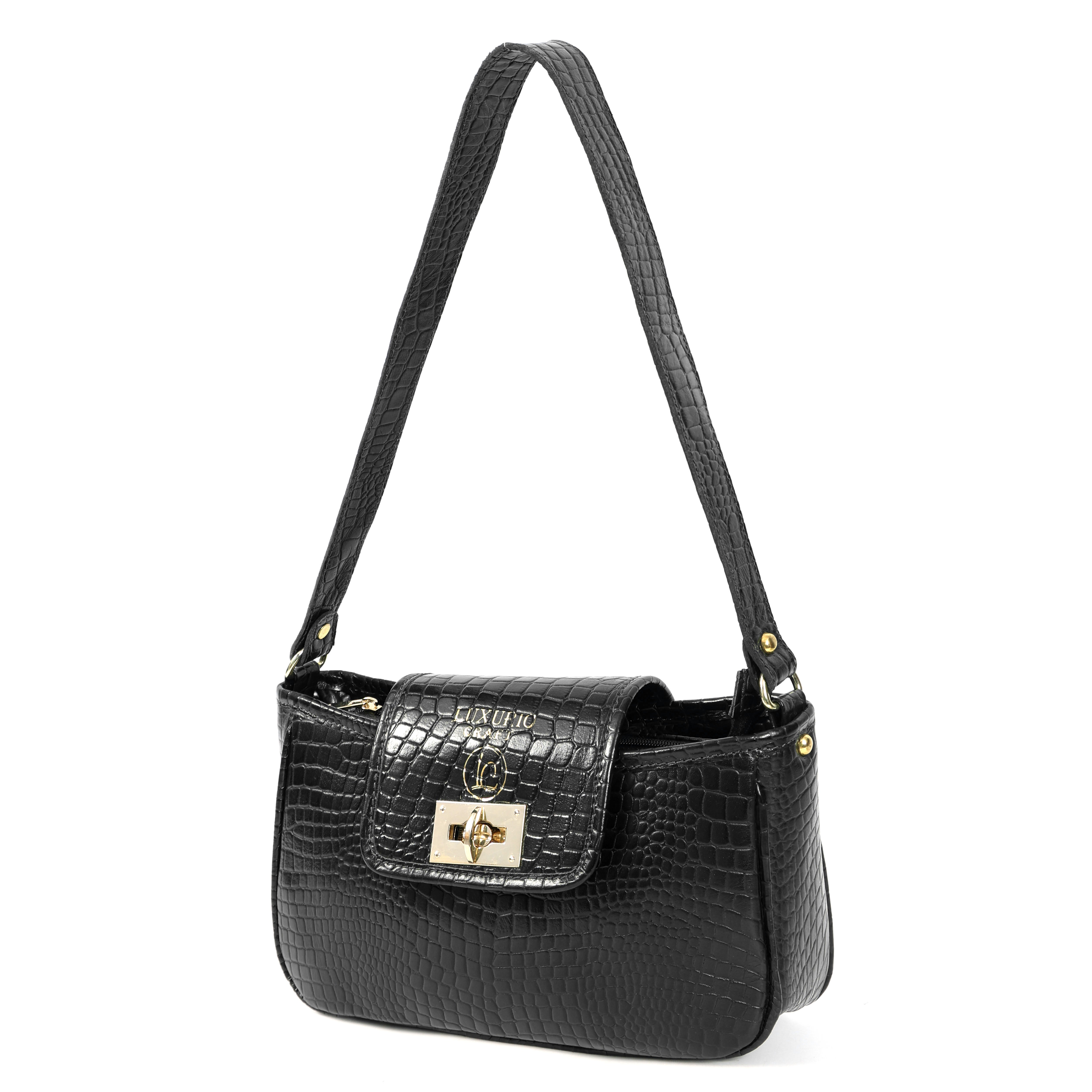 Elegant Black Croco Print Handbag for Women – Timeless & Versatile