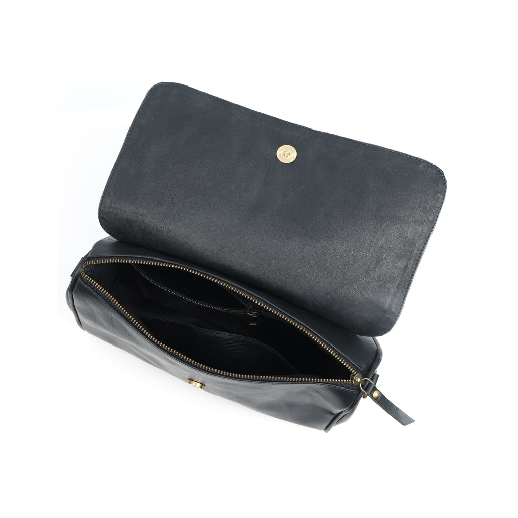 Premium Black Leather Shoulder Bag – Floral Embroidered Chic Elegance