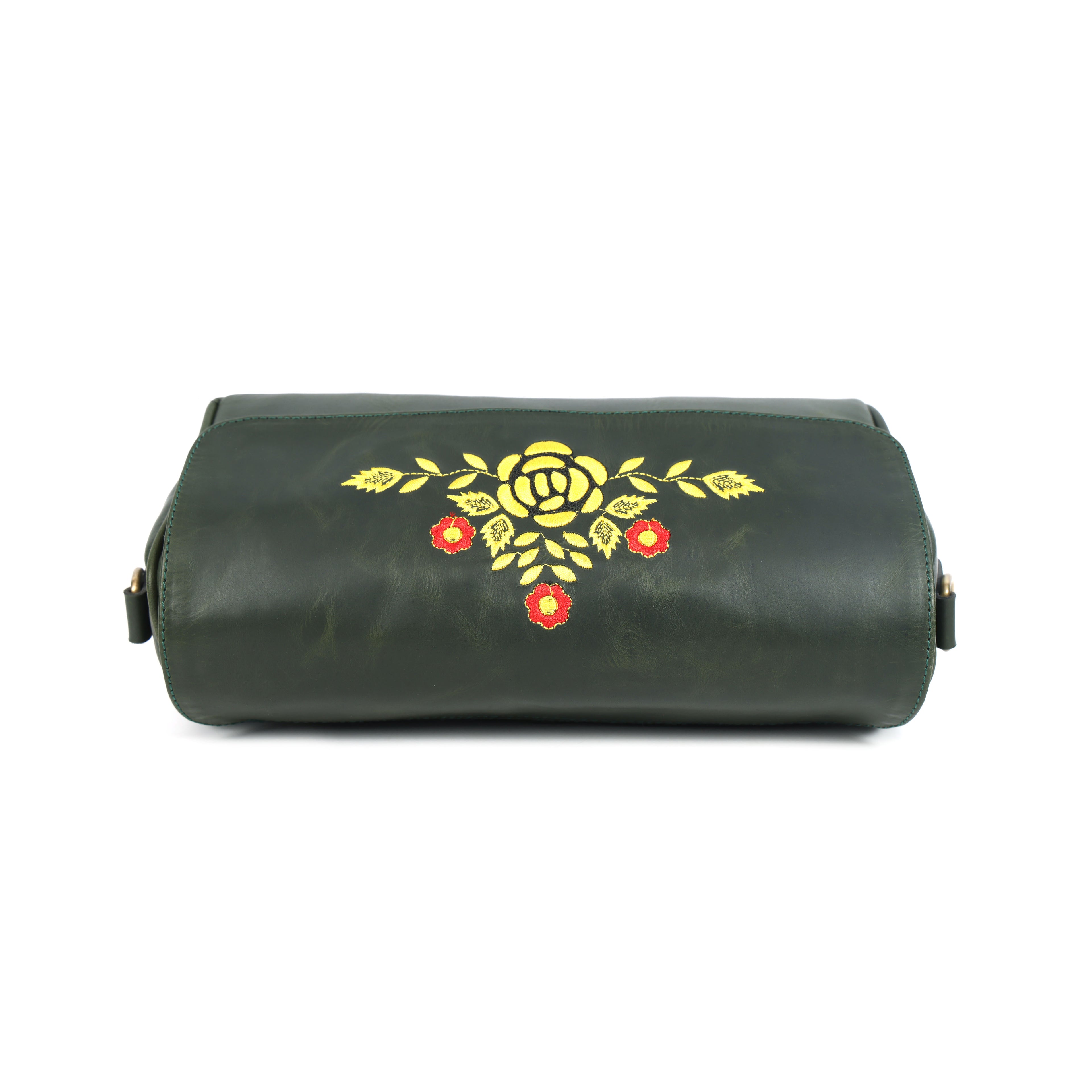 Premium Dark Green Leather Shoulder Bag – Elegant Embroidered Floral Design for Women