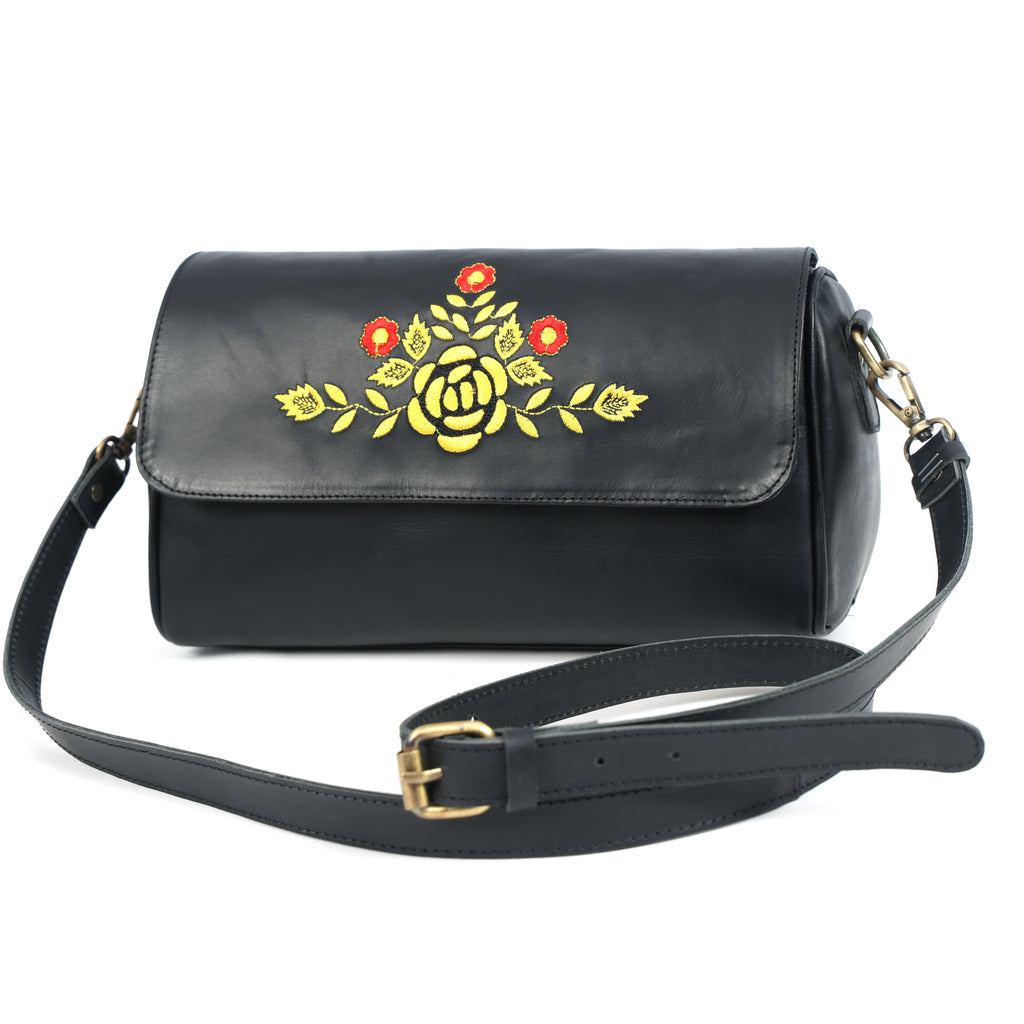 Premium Black Leather Shoulder Bag – Floral Embroidered Chic Elegance