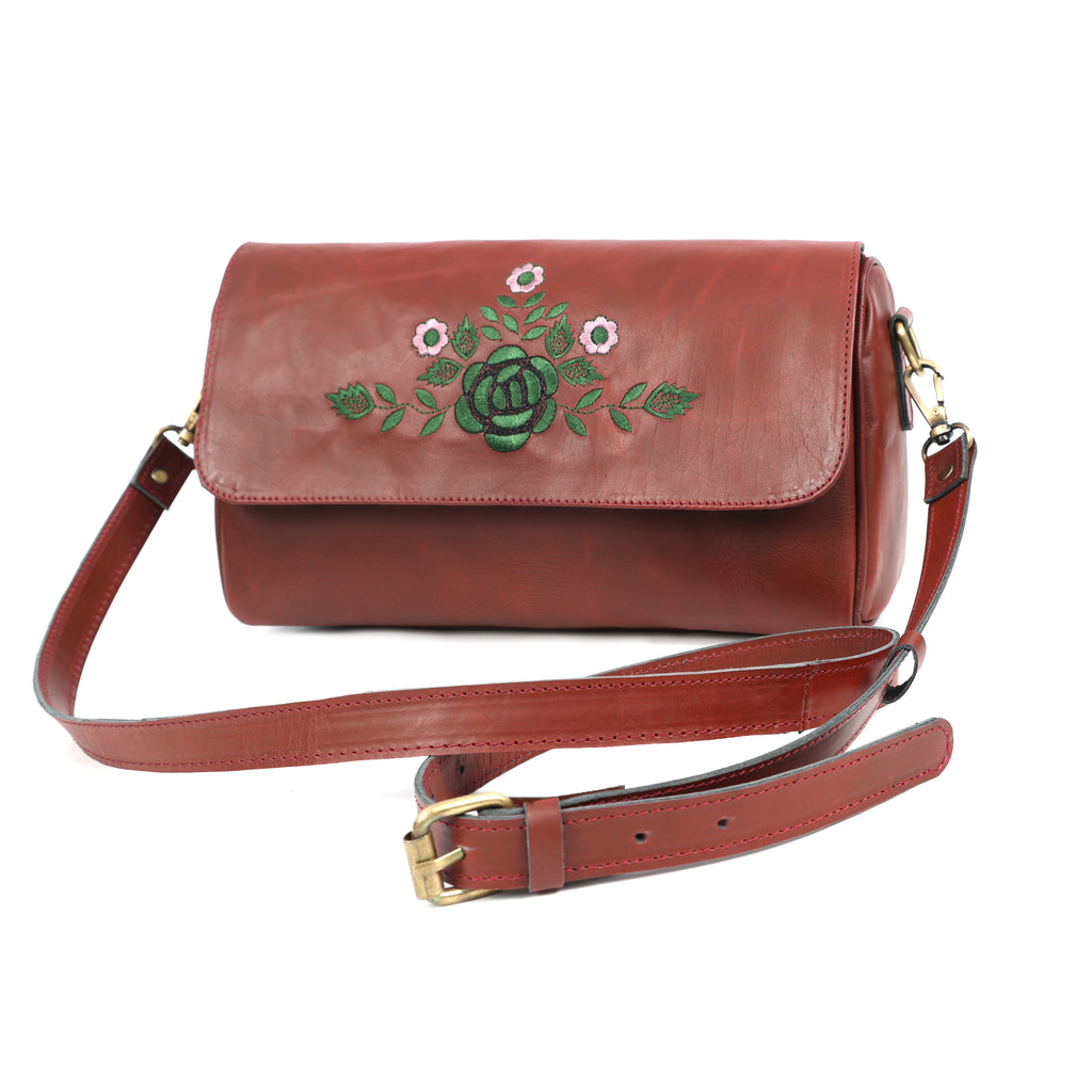 Premium Brown Leather Shoulder Bag with Floral Embroidery – Elegant Craftsmanship for Modern Women