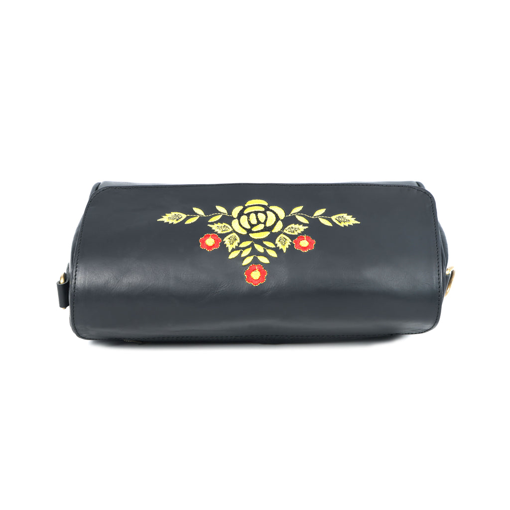 Premium Black Leather Shoulder Bag – Floral Embroidered Chic Elegance