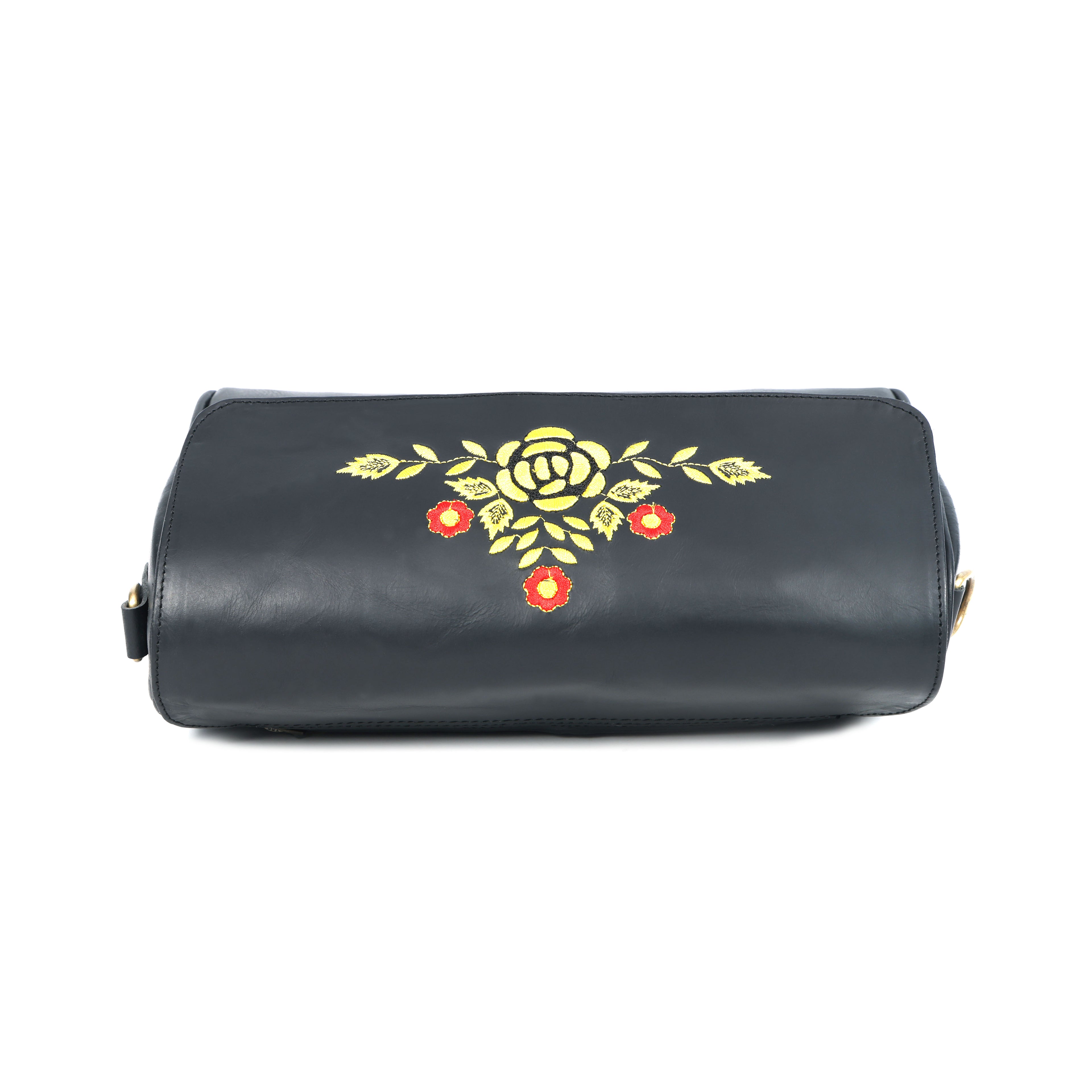 Premium Black Leather Shoulder Bag – Floral Embroidered Chic Elegance