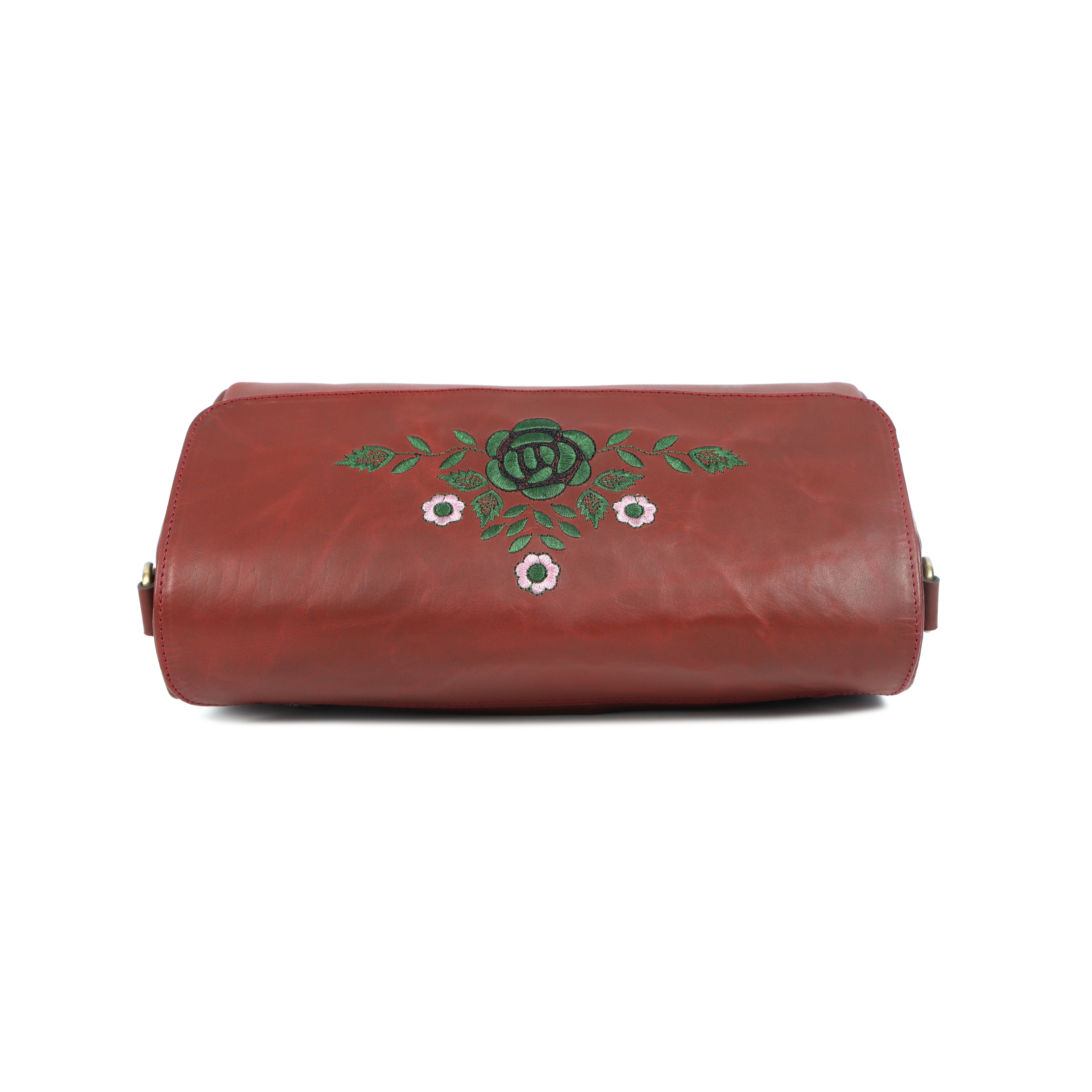 Premium Brown Leather Shoulder Bag with Floral Embroidery – Elegant Craftsmanship for Modern Women