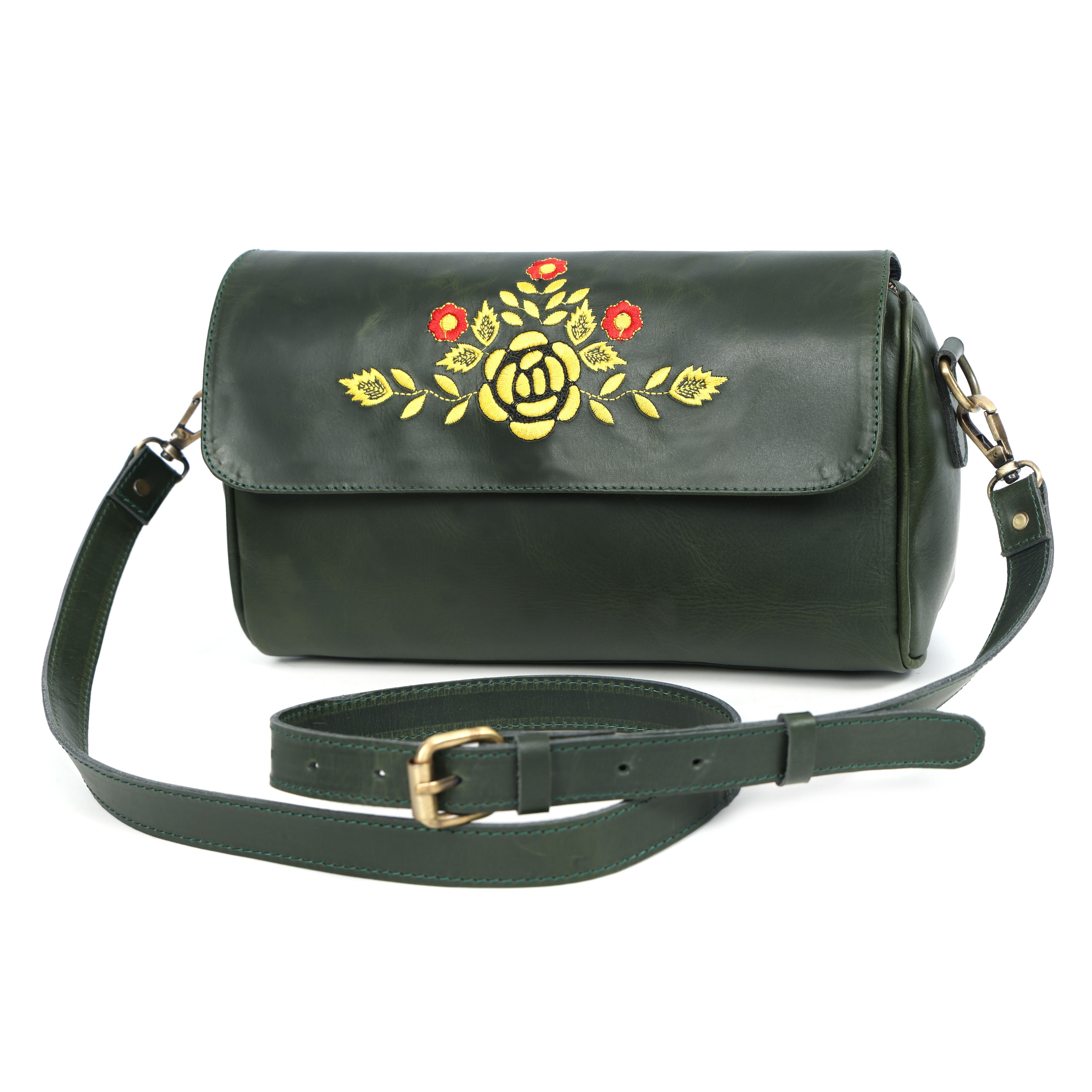 Premium Dark Green Leather Shoulder Bag – Elegant Embroidered Floral Design for Women