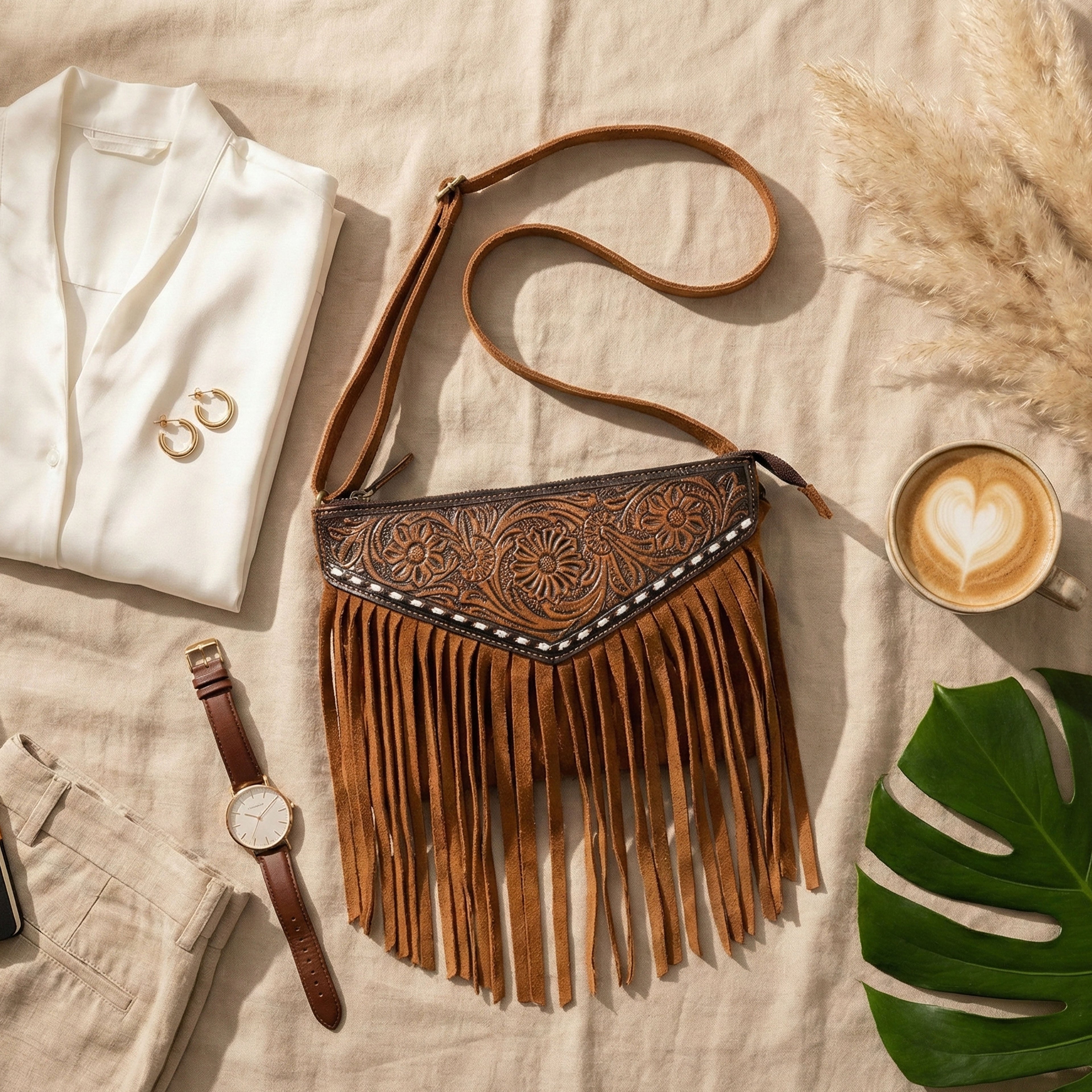 Luxurio Craft Handcrafted Tan Leather Fringe Shoulder Bag for Women | Boho Style Sling & Shoulder Bag with Floral Tooling
