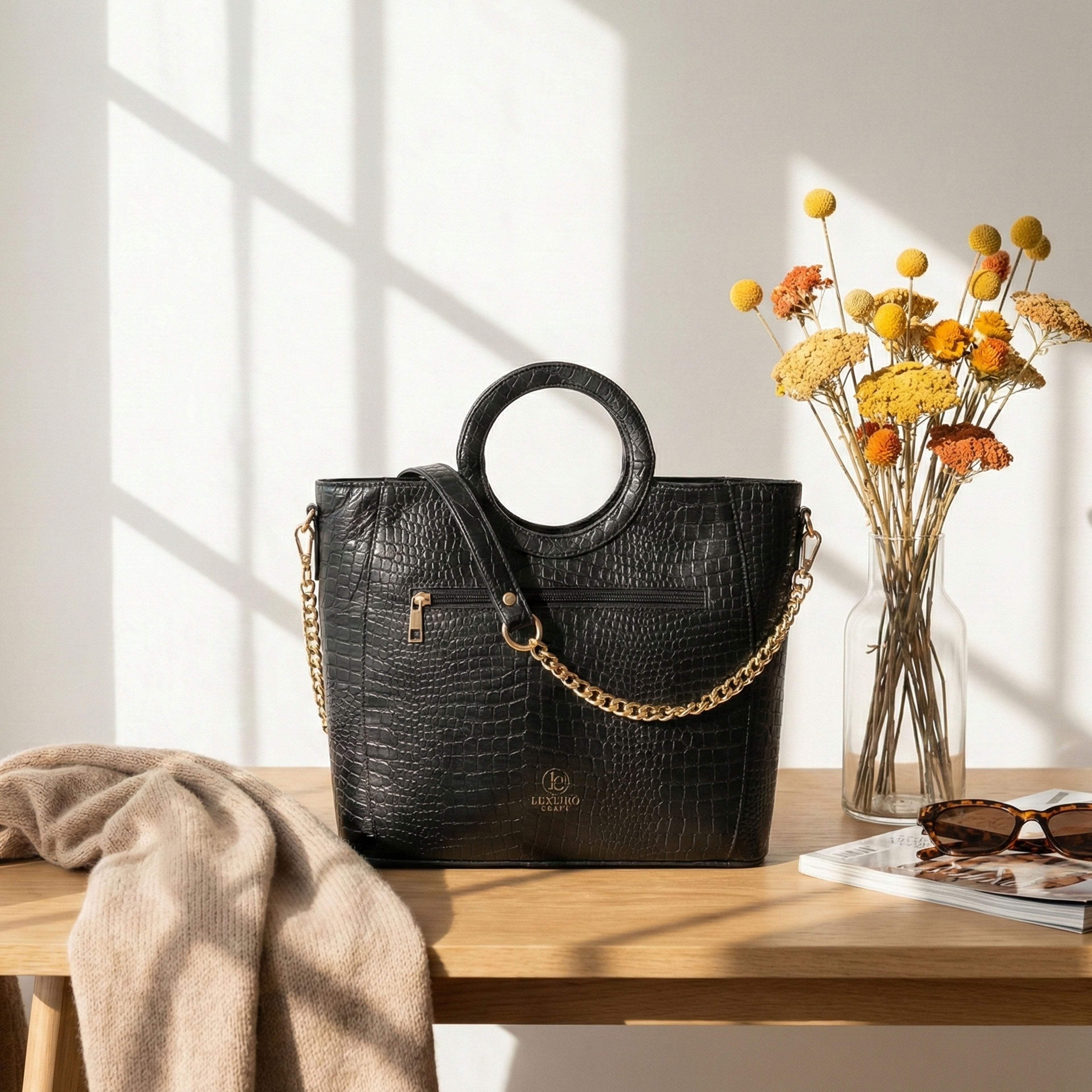 Luxurio Craft Women’s Premium Croc Texture Handbag | Elegant Top Handle Tote Bag for Office, Party & Daily Use | Stylish Black Purse