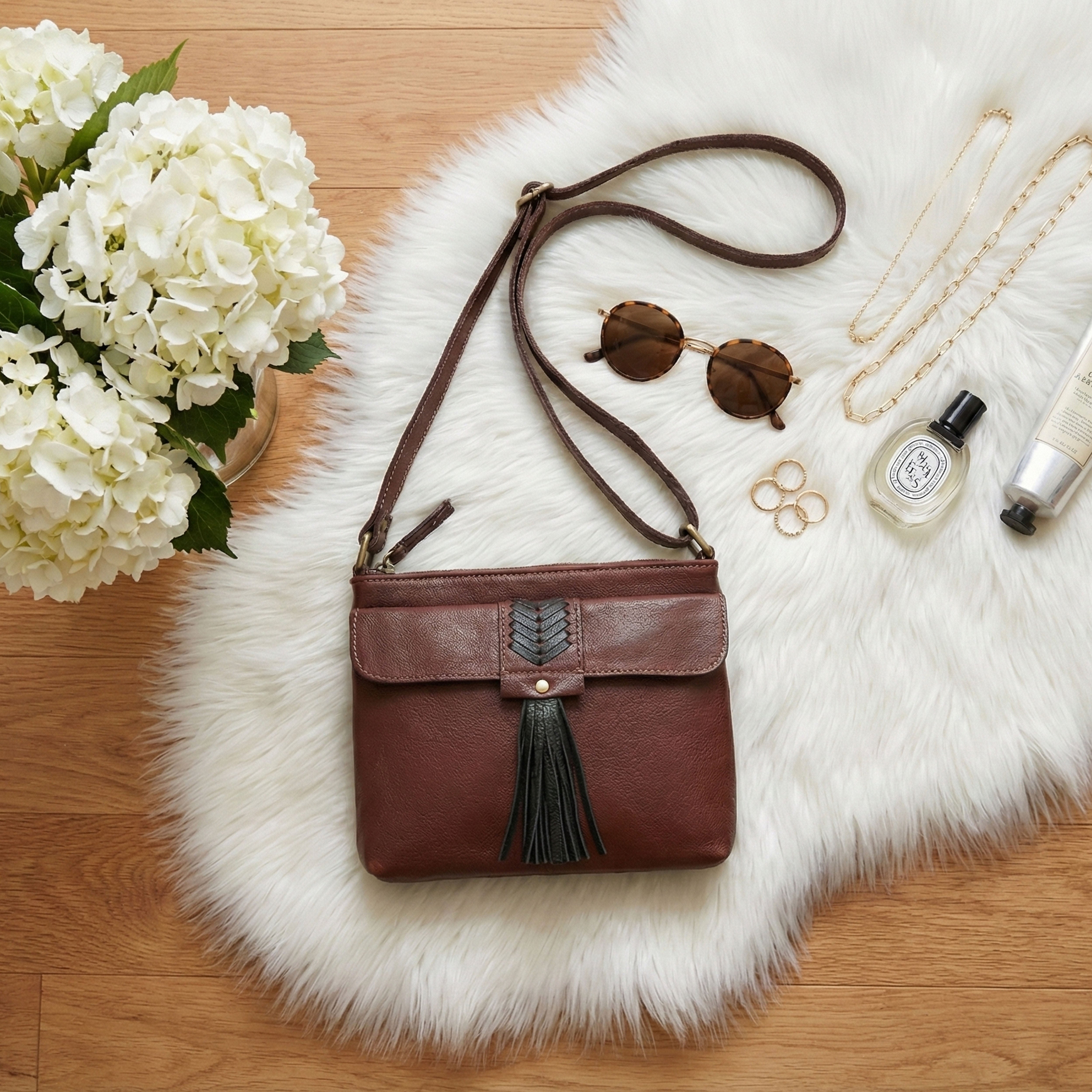 LUXURIO CRAFT Genuine Leather Crossbody Bag for Women – Small Vintage Shoulder Bag with Adjustable Strap & Tassel, Everyday Travel Purse