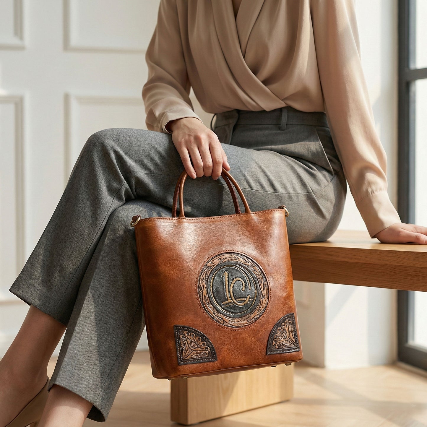 Luxurio Craft Handcrafted Tan Leather Stylish Shoulder Bag for Women | Premium Structured Handbag with Hand-Tooled Design & Detachable Strap