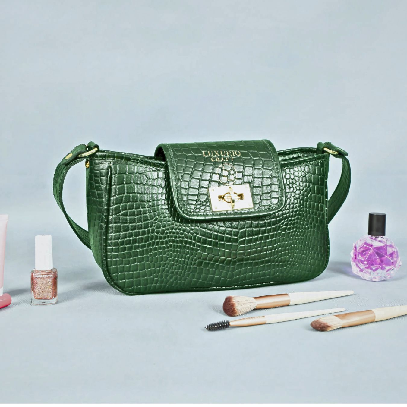 Dark Green Croco Print Handbag for Women – Elegant & Stylish