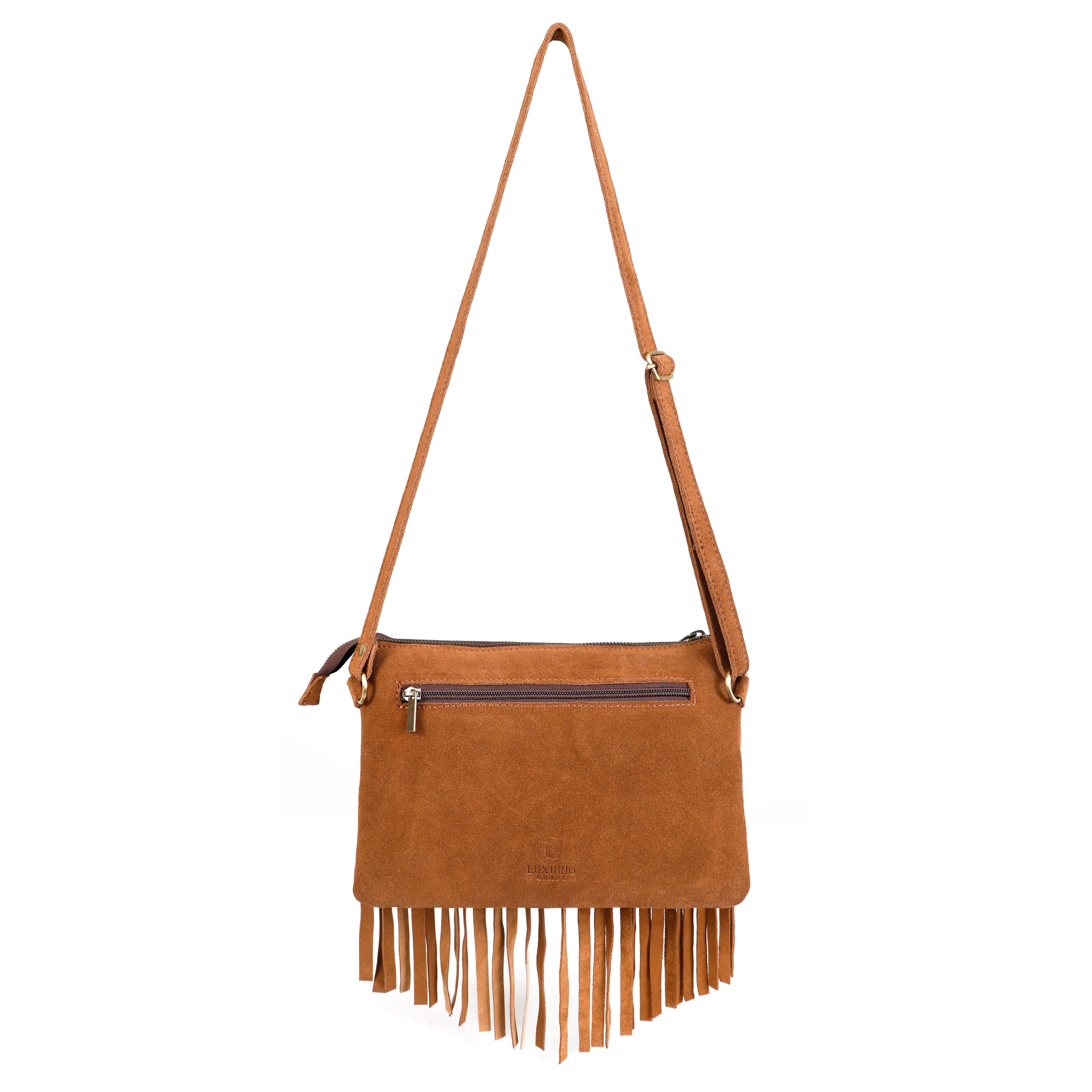 Luxurio Craft Handcrafted Tan Leather Fringe Shoulder Bag for Women | Boho Style Sling & Shoulder Bag with Floral Tooling