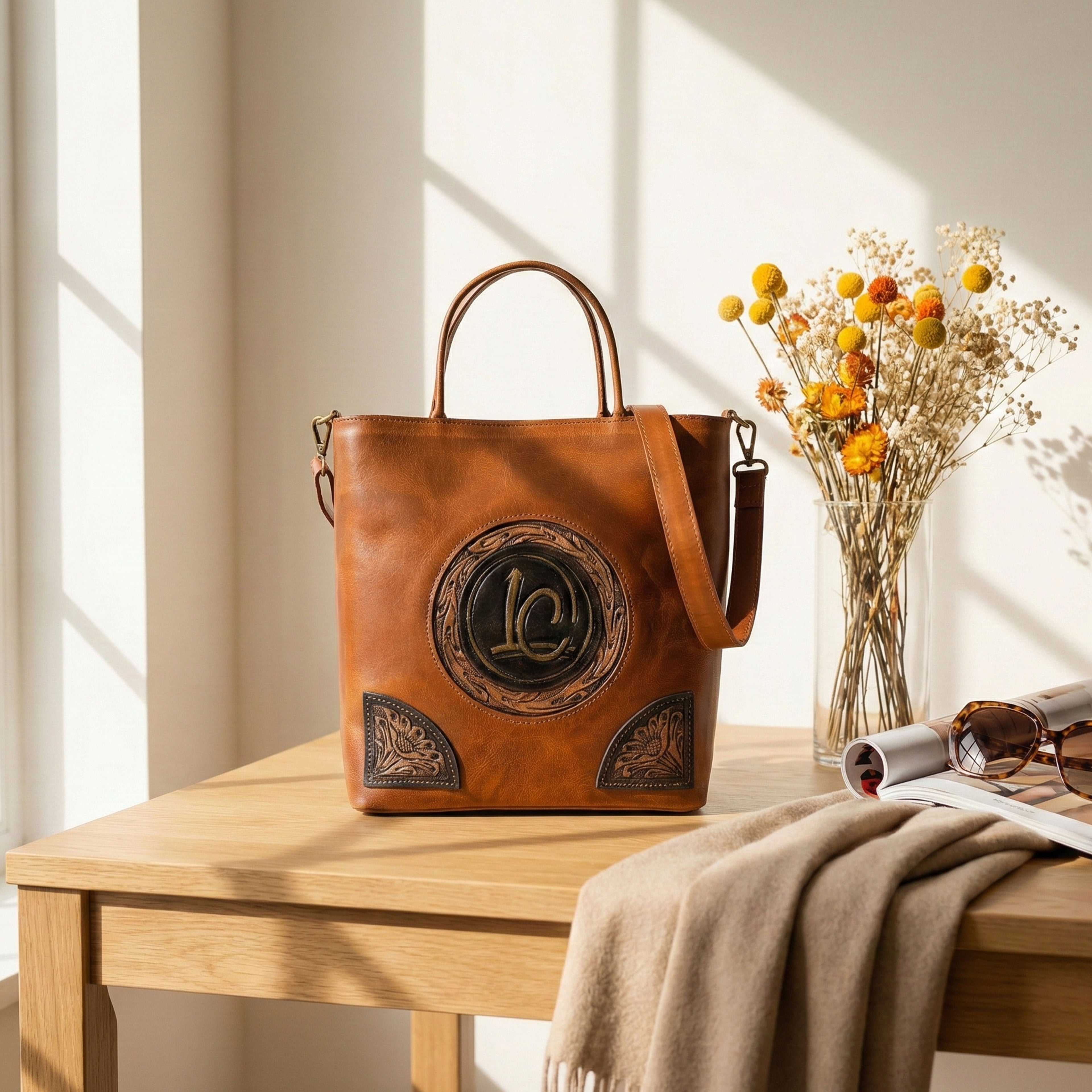 Luxurio Craft Handcrafted Tan Leather Stylish Shoulder Bag for Women | Premium Structured Handbag with Hand-Tooled Design & Detachable Strap