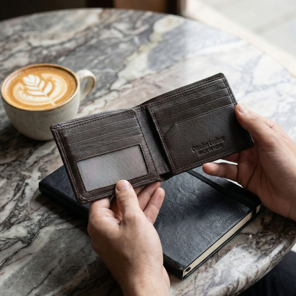 Premium Brown Leather Wallet for Men – Genuine Leather Bifold Wallet with ID Window