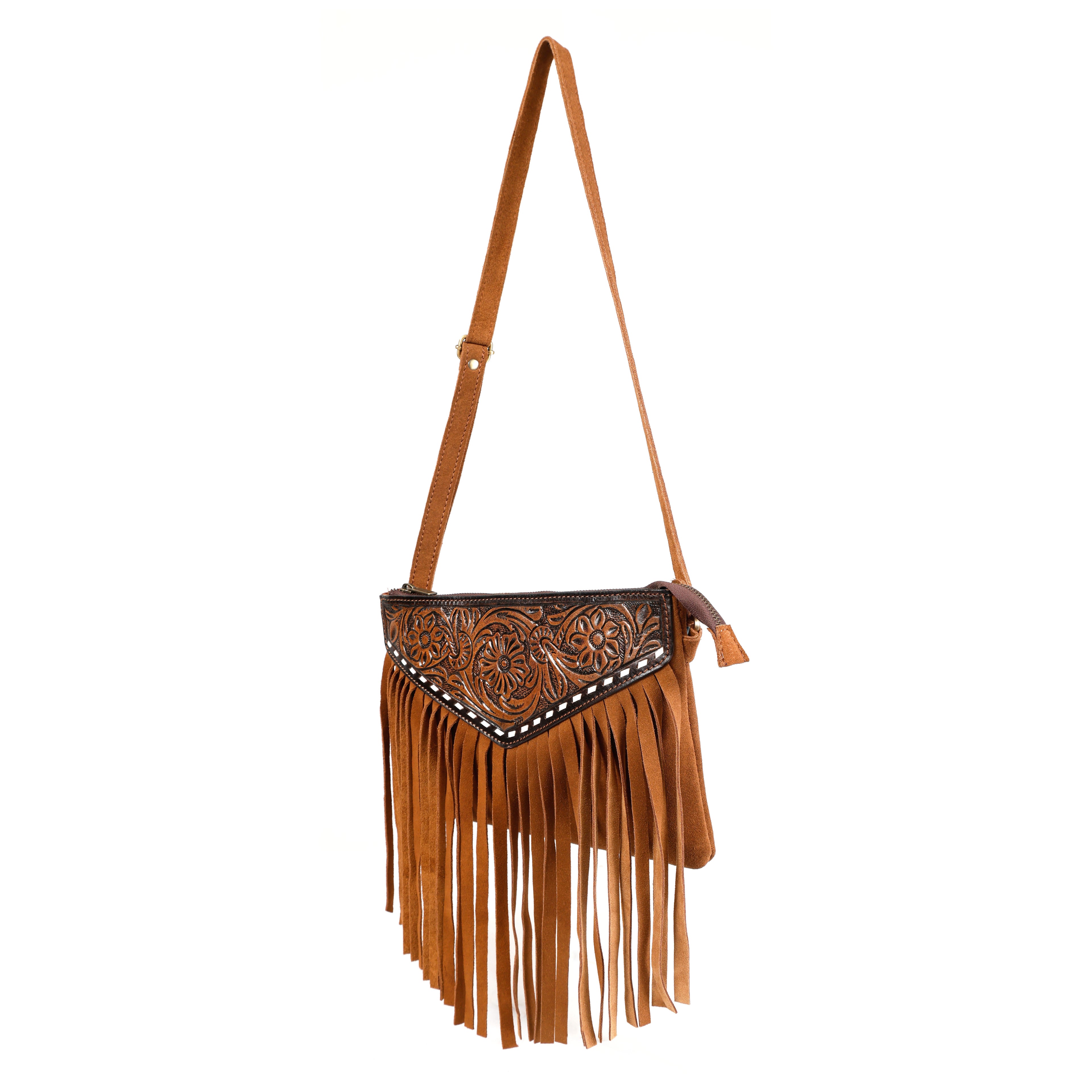 Luxurio Craft Handcrafted Tan Leather Fringe Shoulder Bag for Women | Boho Style Sling & Shoulder Bag with Floral Tooling