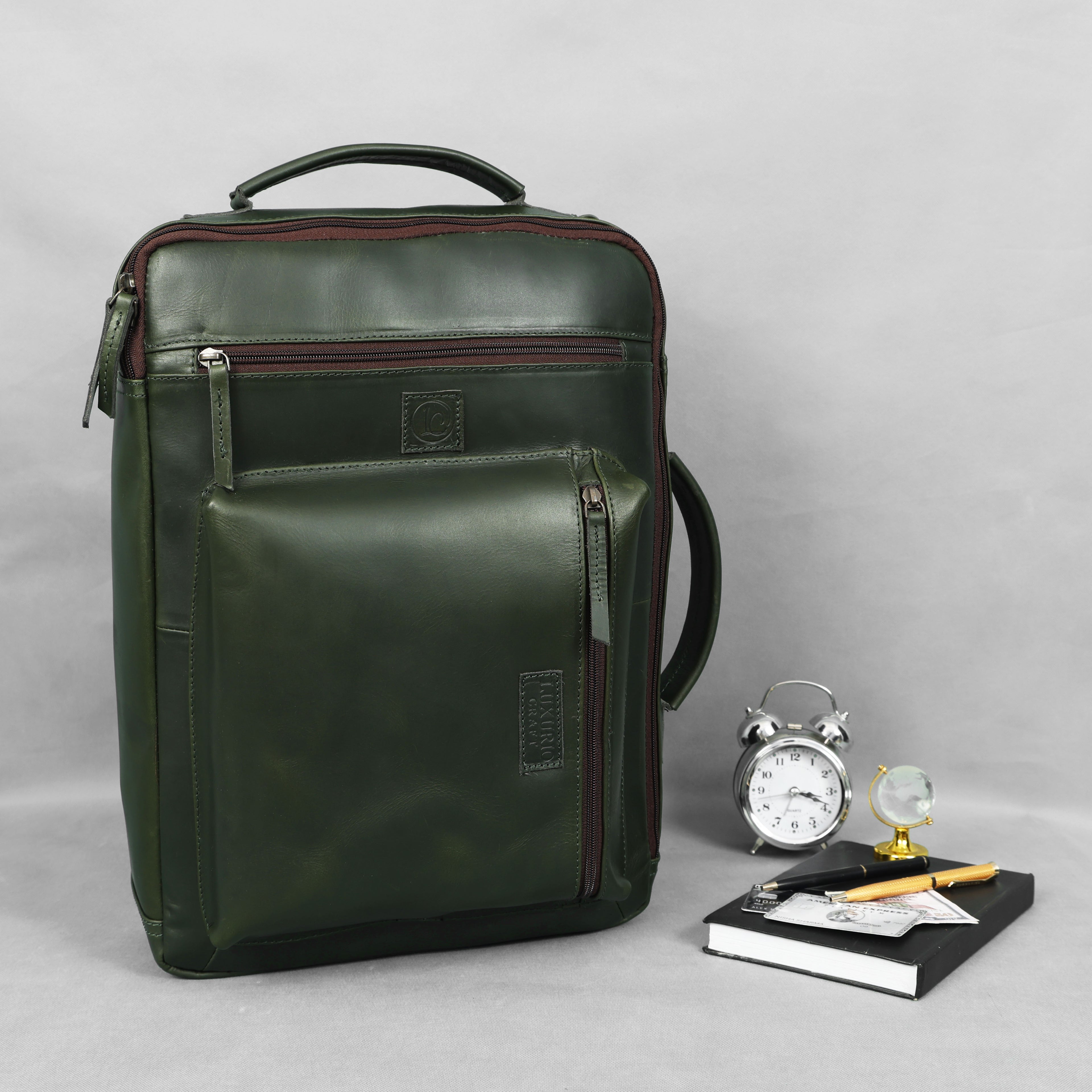 Premium Dark Green Leather Laptop cum Backpack Bag – Sleek. Smart. Versatile.