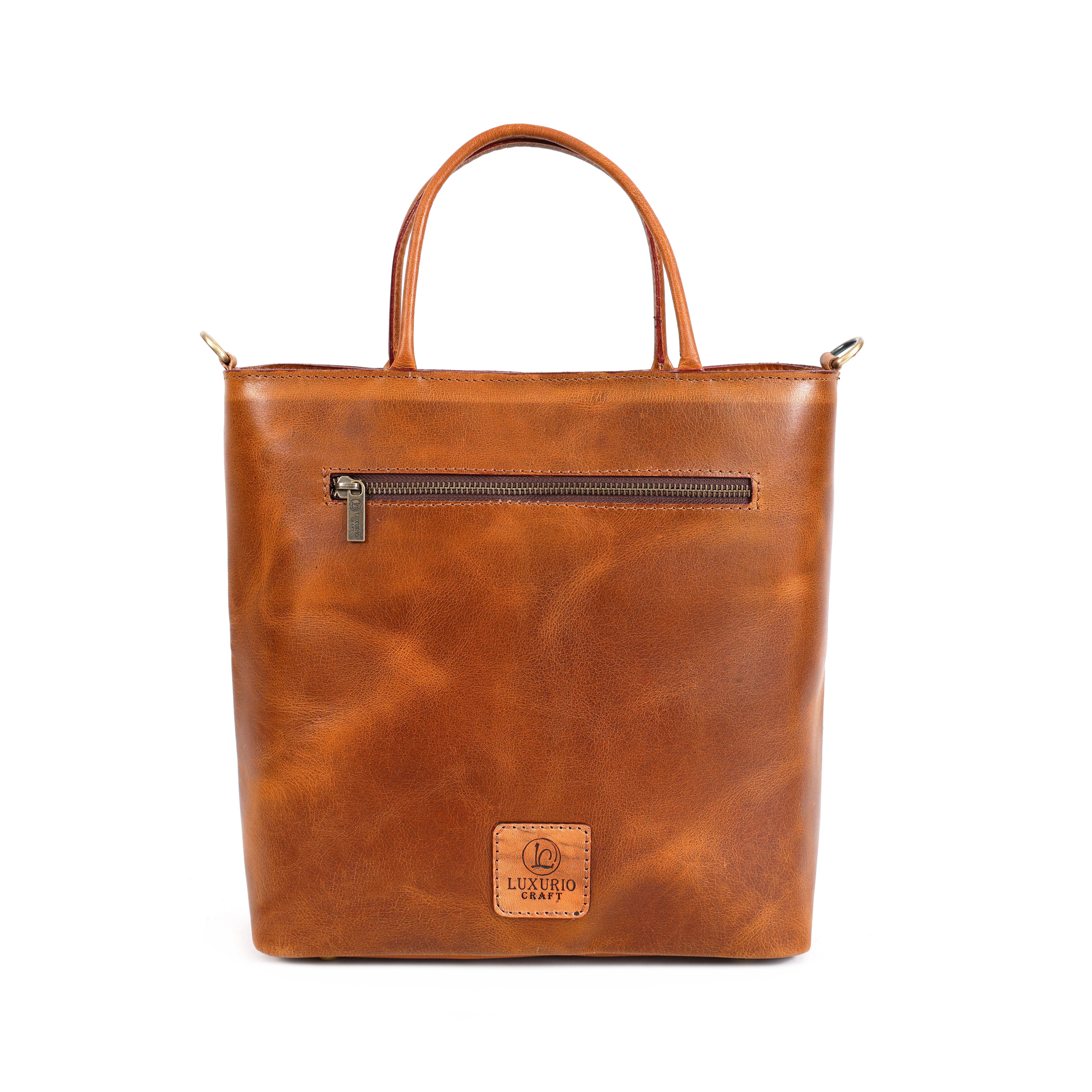 Luxurio Craft Handcrafted Tan Leather Stylish Shoulder Bag for Women | Premium Structured Handbag with Hand-Tooled Design & Detachable Strap