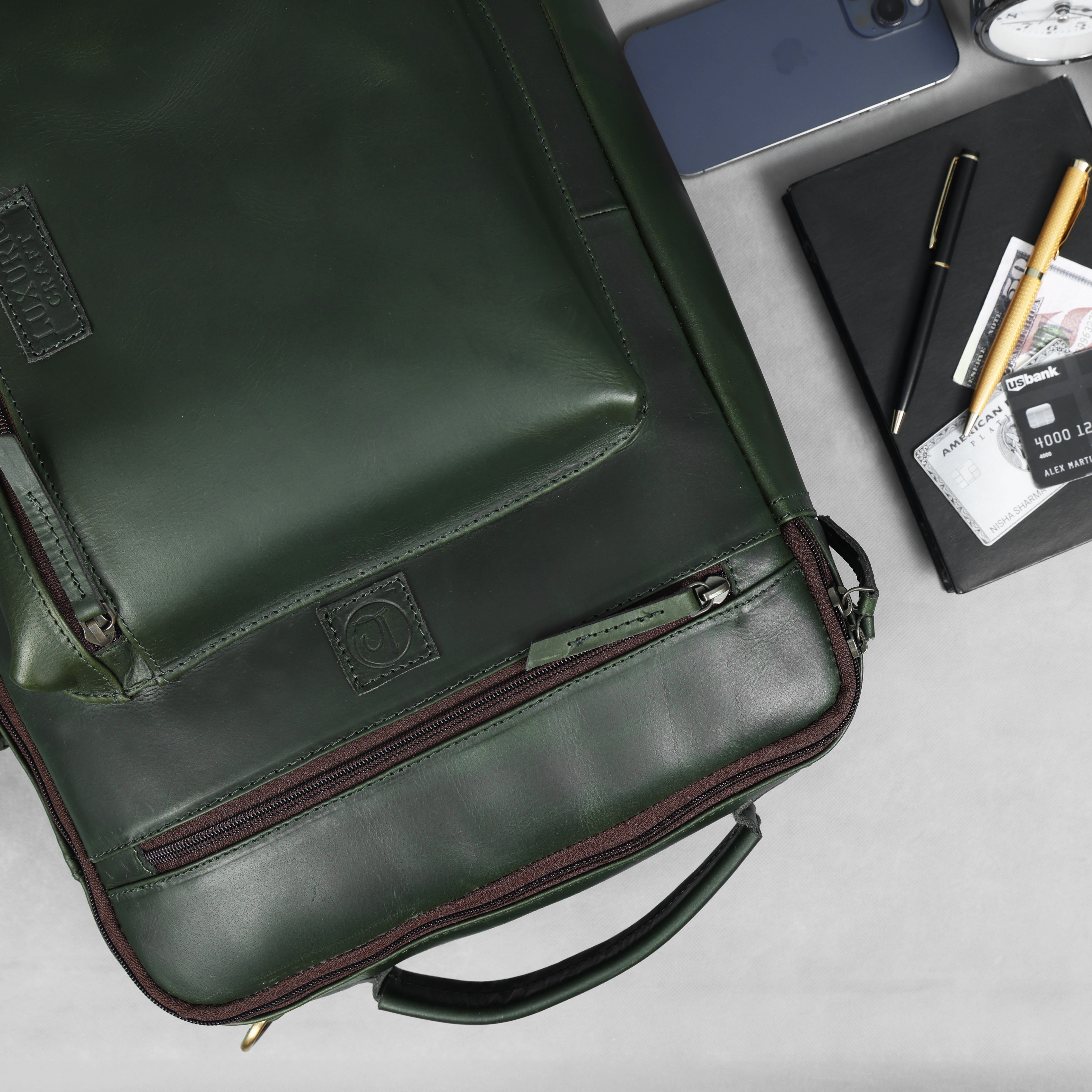 Premium Dark Green Leather Laptop cum Backpack Bag – Sleek. Smart. Versatile.