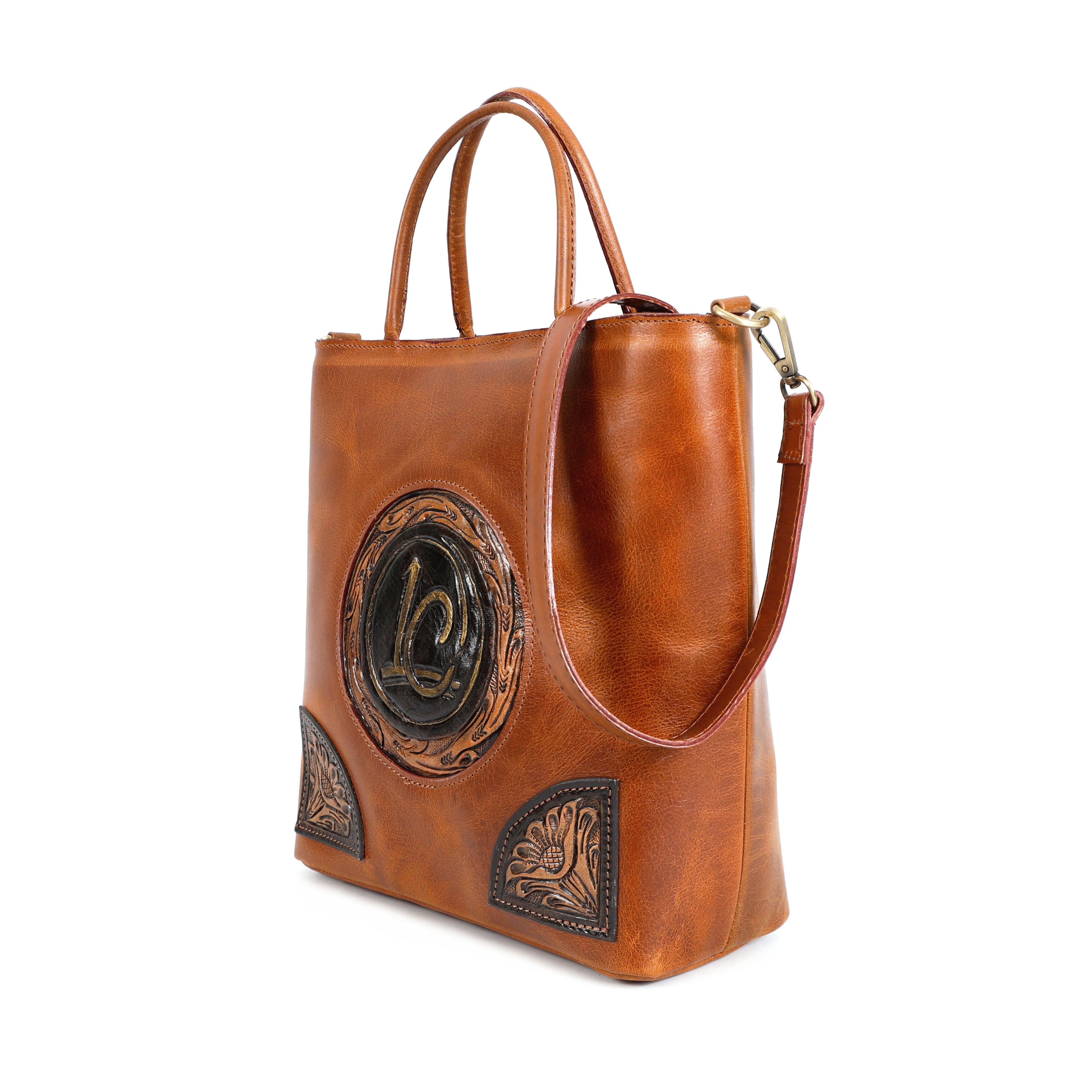 Luxurio Craft Handcrafted Tan Leather Stylish Shoulder Bag for Women | Premium Structured Handbag with Hand-Tooled Design & Detachable Strap