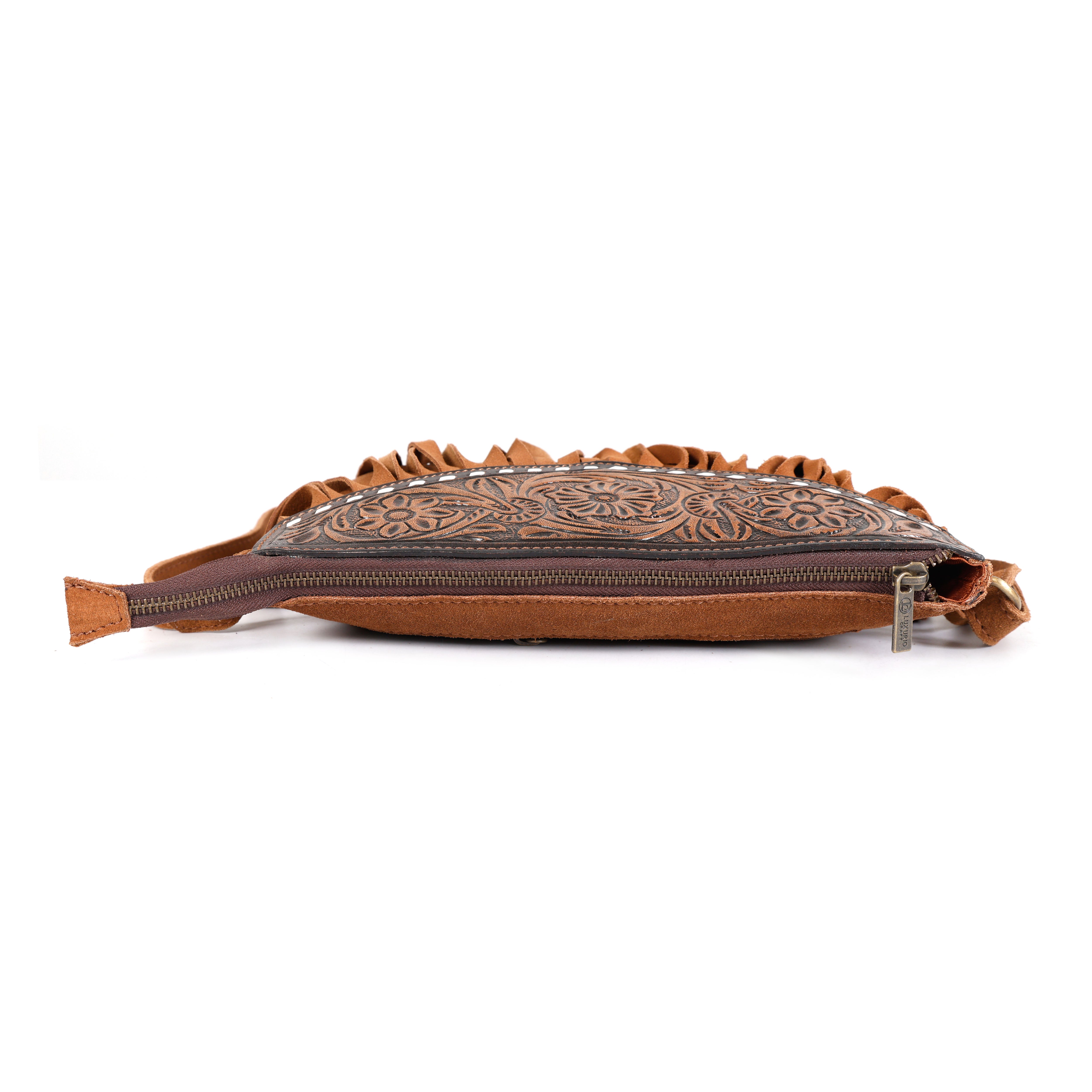 Luxurio Craft Handcrafted Tan Leather Fringe Shoulder Bag for Women | Boho Style Sling & Shoulder Bag with Floral Tooling