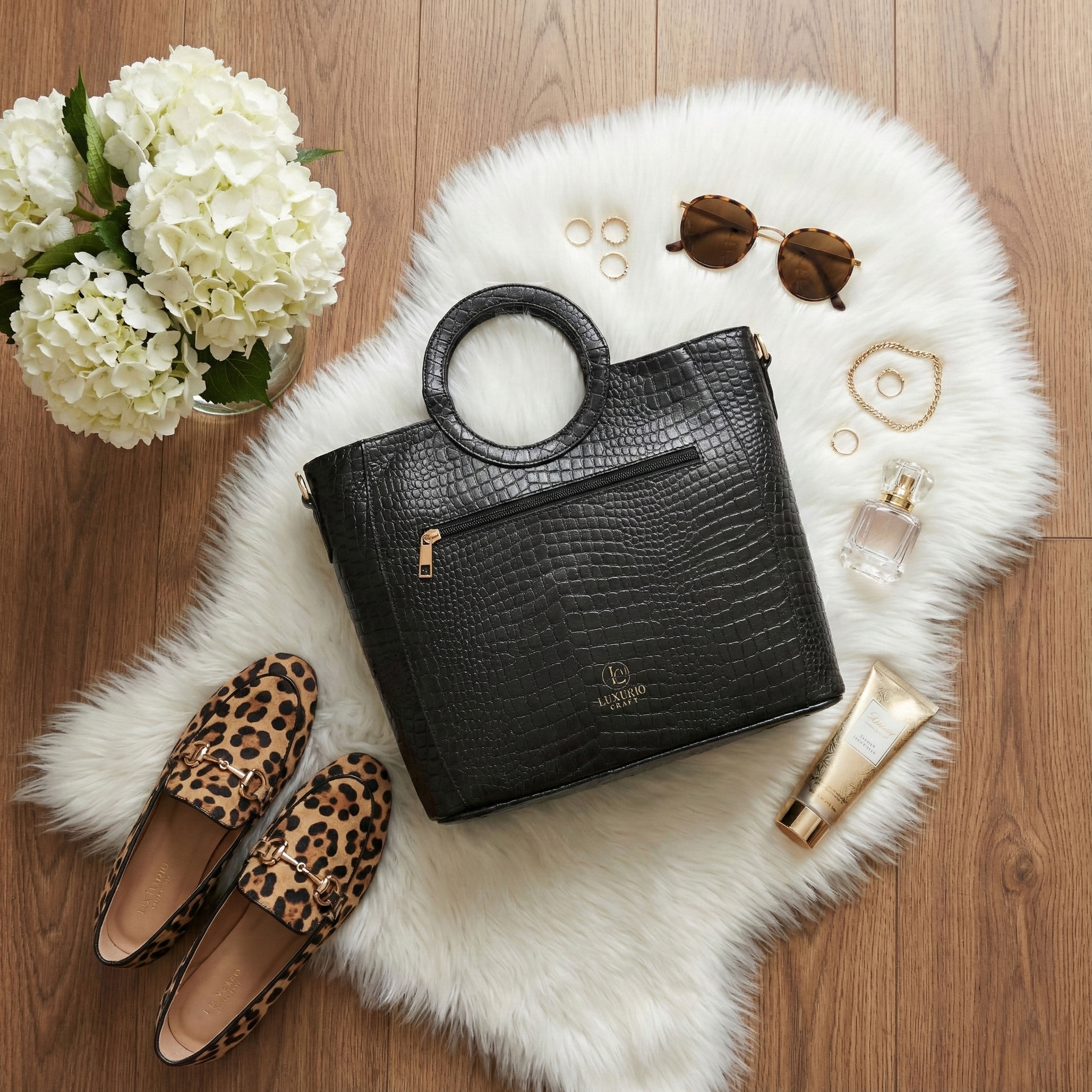 Luxurio Craft Women’s Premium Croc Texture Handbag | Elegant Top Handle Tote Bag for Office, Party & Daily Use | Stylish Black Purse