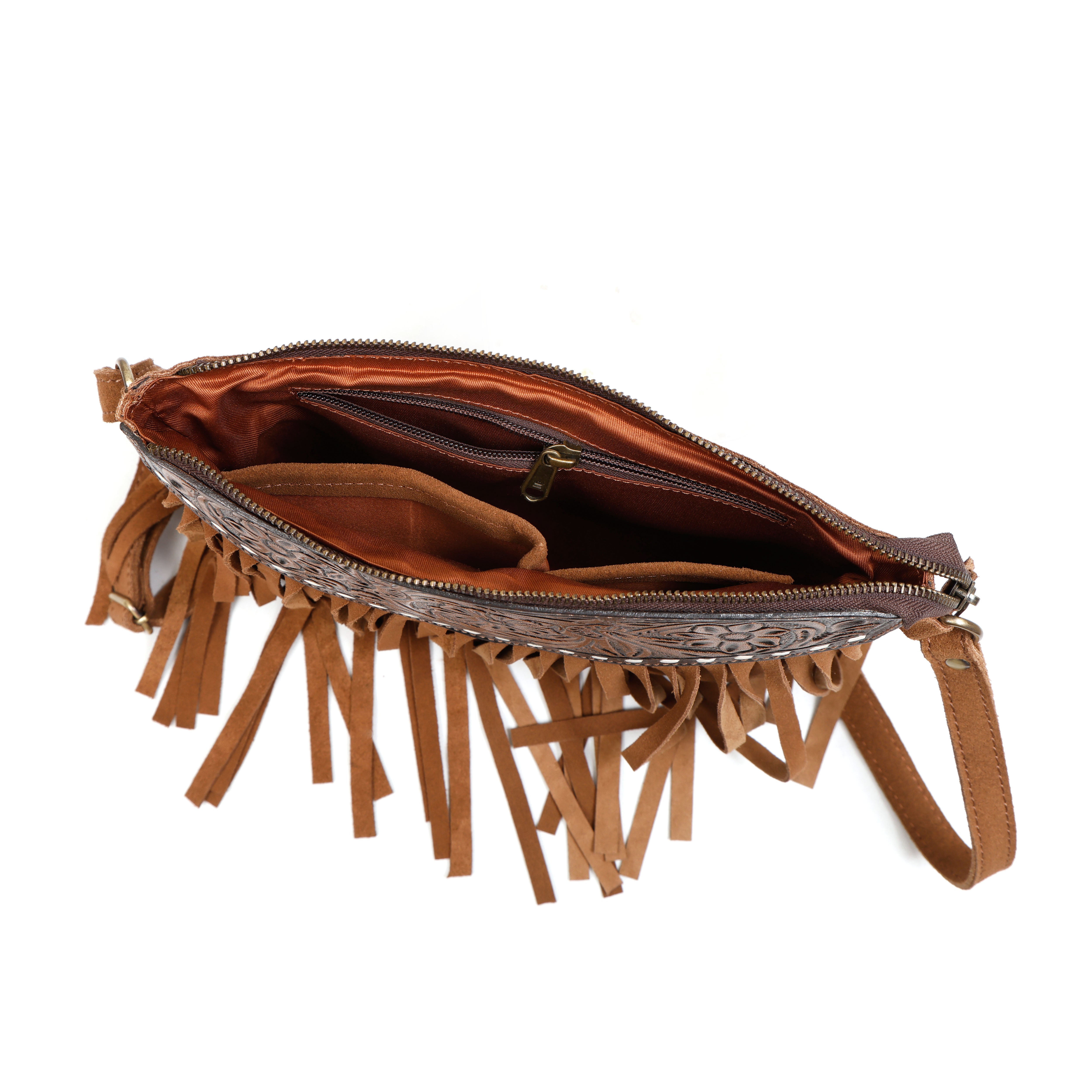Luxurio Craft Handcrafted Tan Leather Fringe Shoulder Bag for Women | Boho Style Sling & Shoulder Bag with Floral Tooling