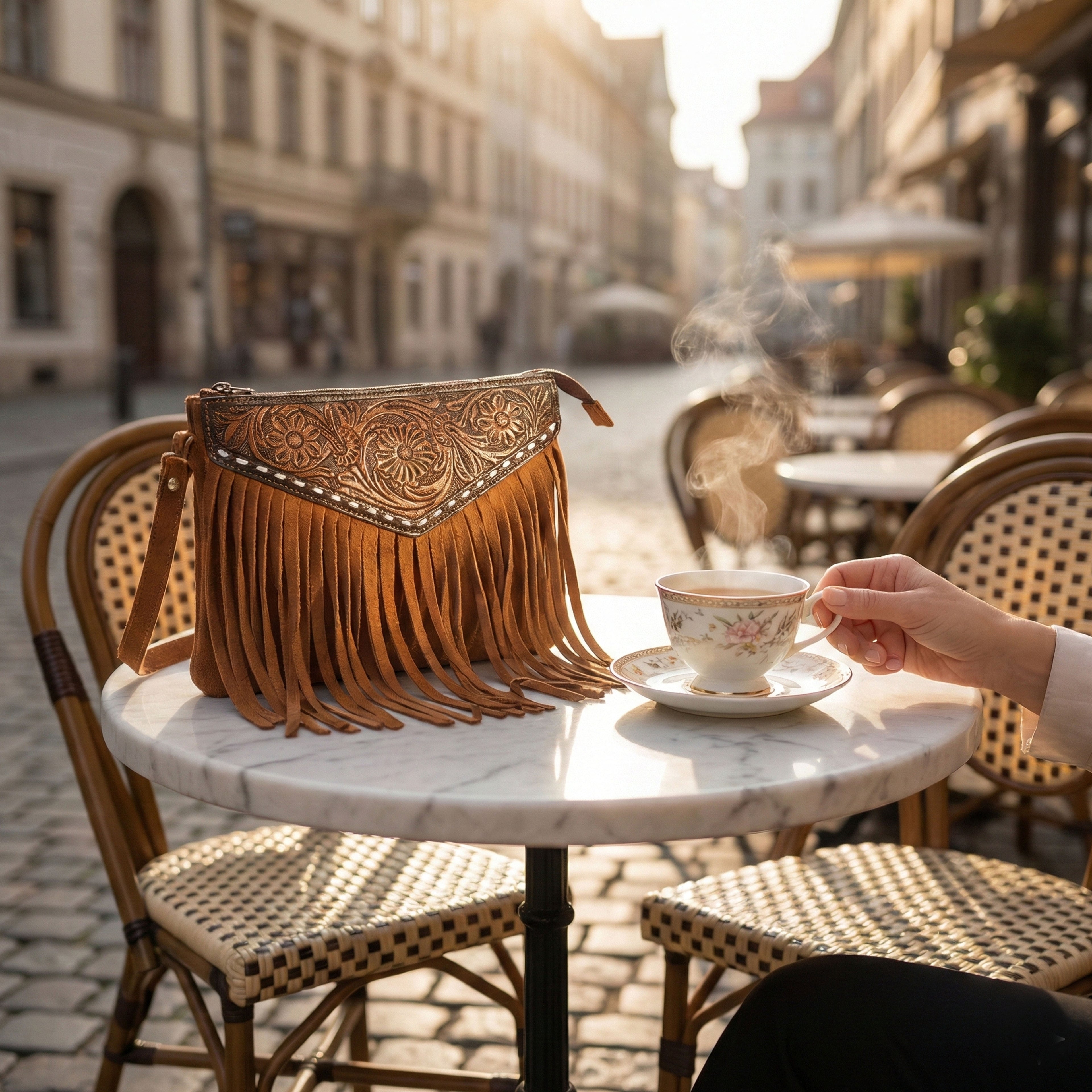 Luxurio Craft Handcrafted Tan Leather Fringe Shoulder Bag for Women | Boho Style Sling & Shoulder Bag with Floral Tooling