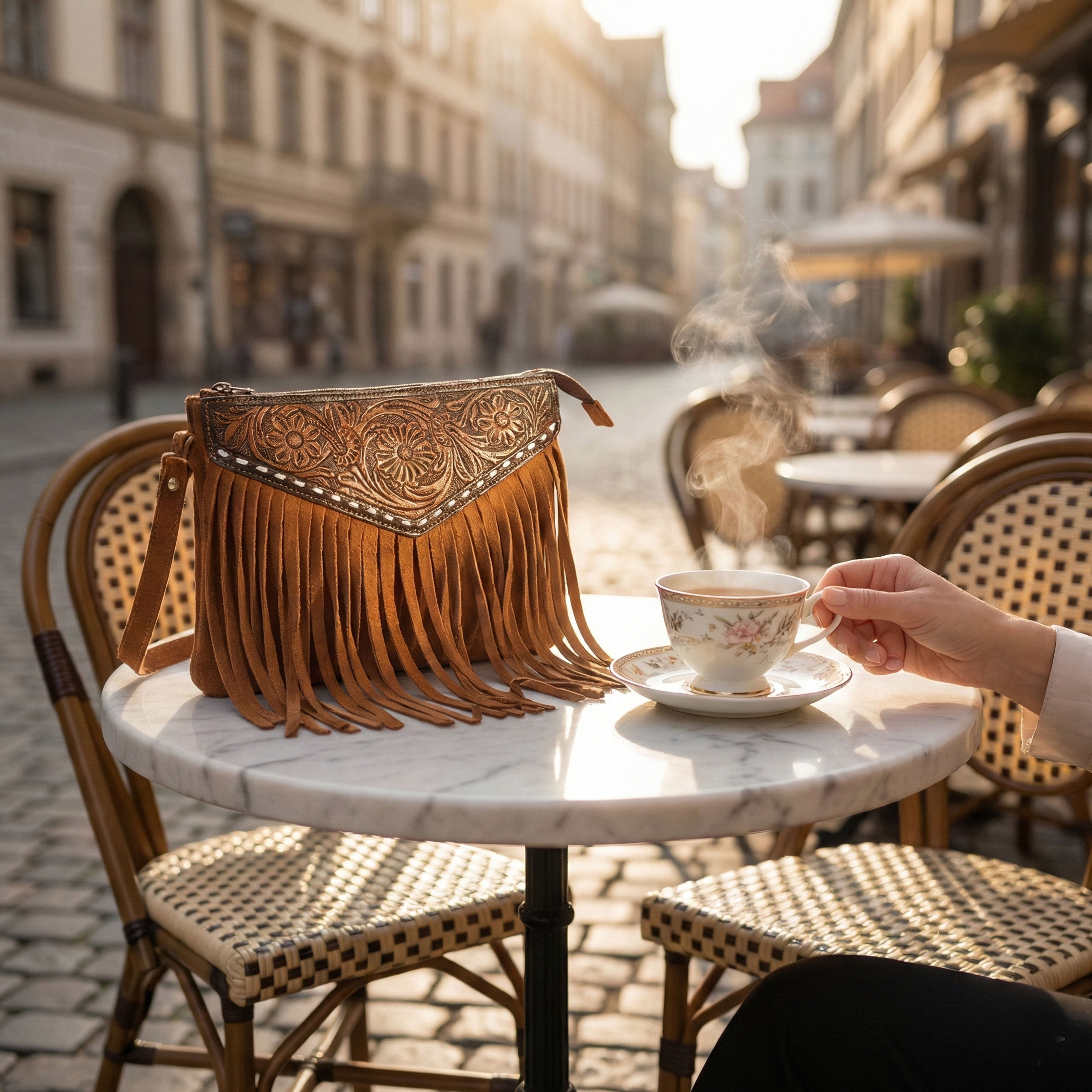 Luxurio Craft Handcrafted Tan Leather Fringe Shoulder Bag for Women | Boho Style Sling & Shoulder Bag with Floral Tooling