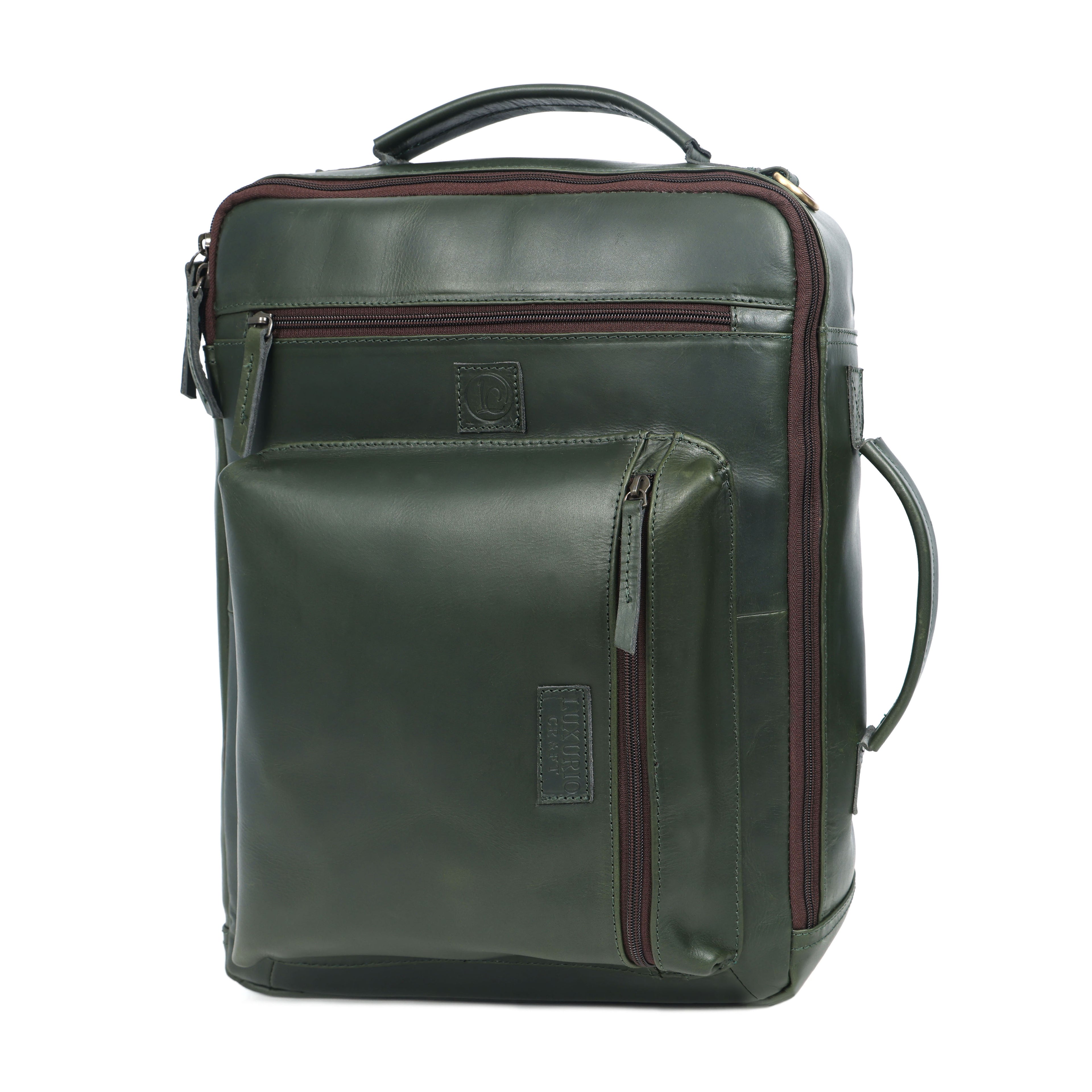Premium Dark Green Leather Laptop cum Backpack Bag – Sleek. Smart. Versatile.