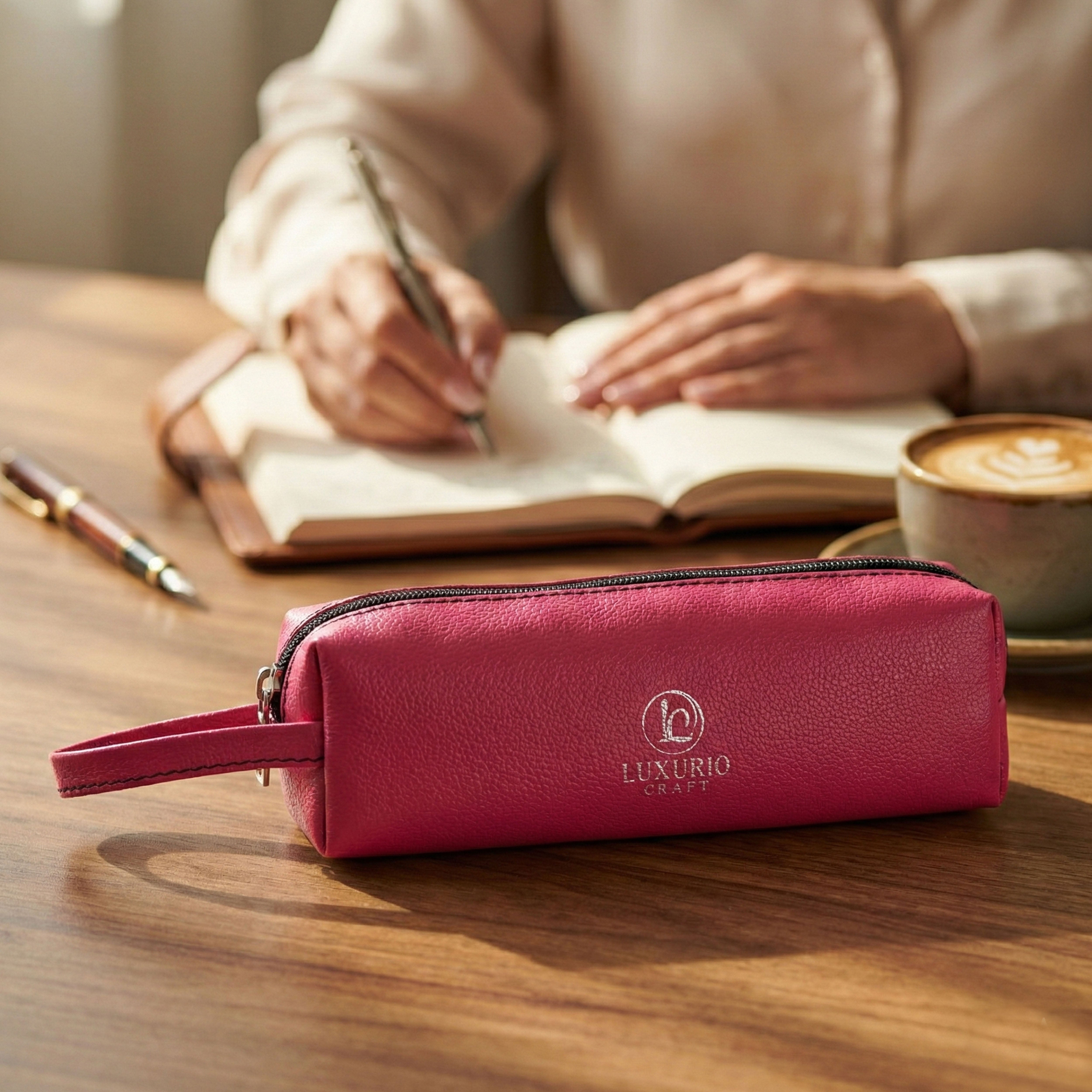 Luxurio Craft Premium Leather Pencil Case | Stylish Pink Zippered Stationery Organizer | Elegant Pen & Accessory Pouch for Office & School
