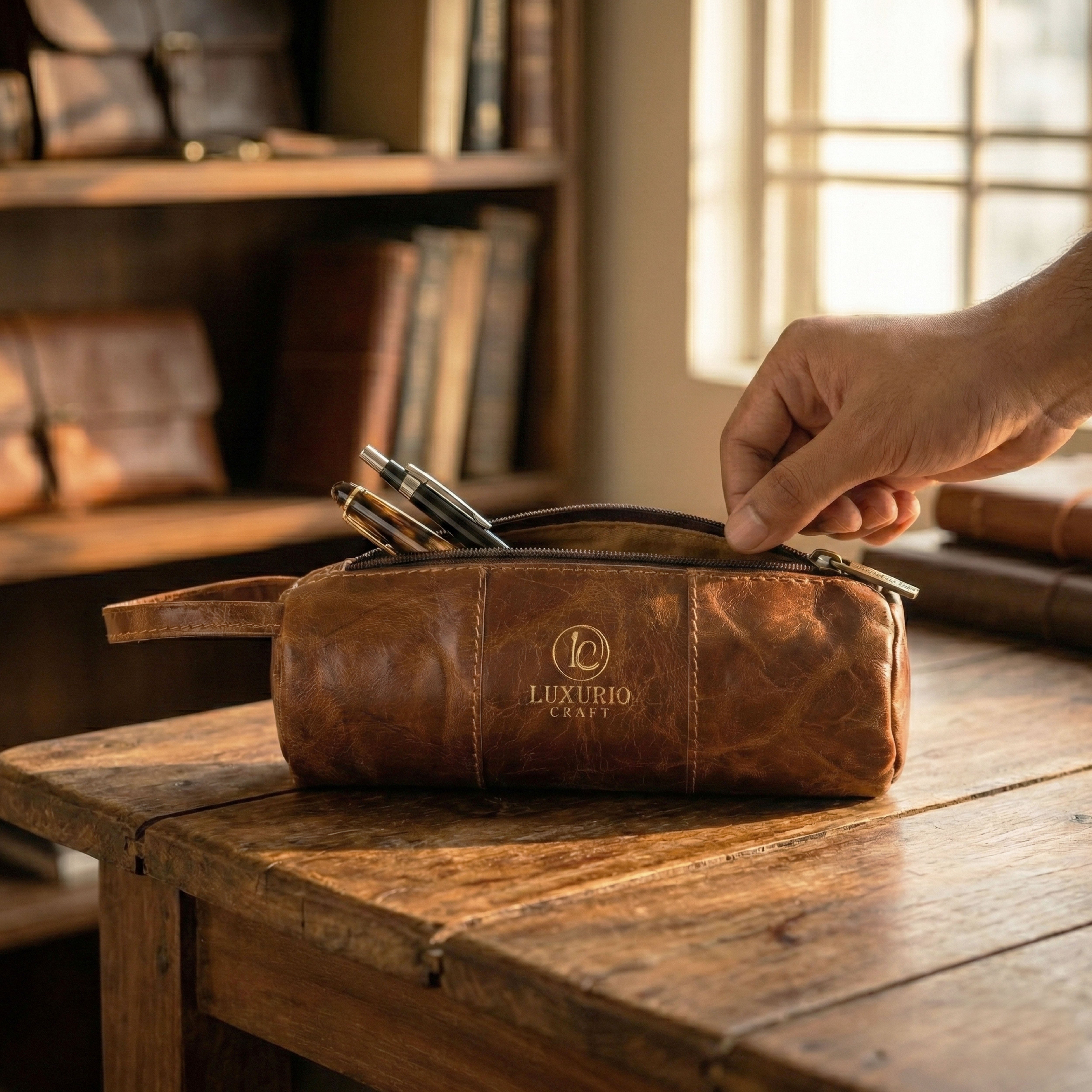 Luxurio Craft Premium Leather Pencil Case | Handcrafted Vintage Stationery Organizer | Zippered Leather Pouch for Office & School