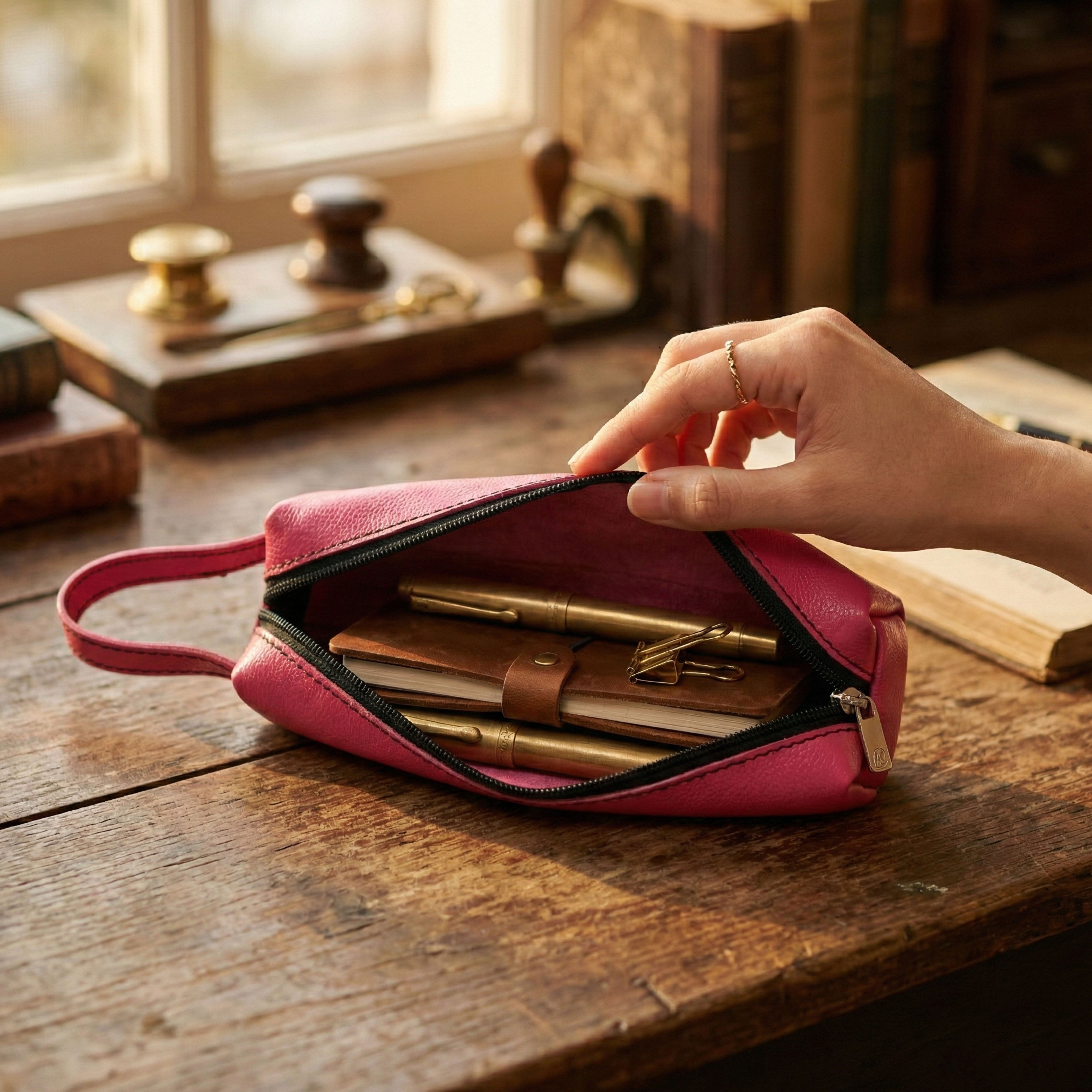Luxurio Craft Premium Leather Pencil Case | Stylish Pink Zippered Stationery Organizer | Elegant Pen & Accessory Pouch for Office & School