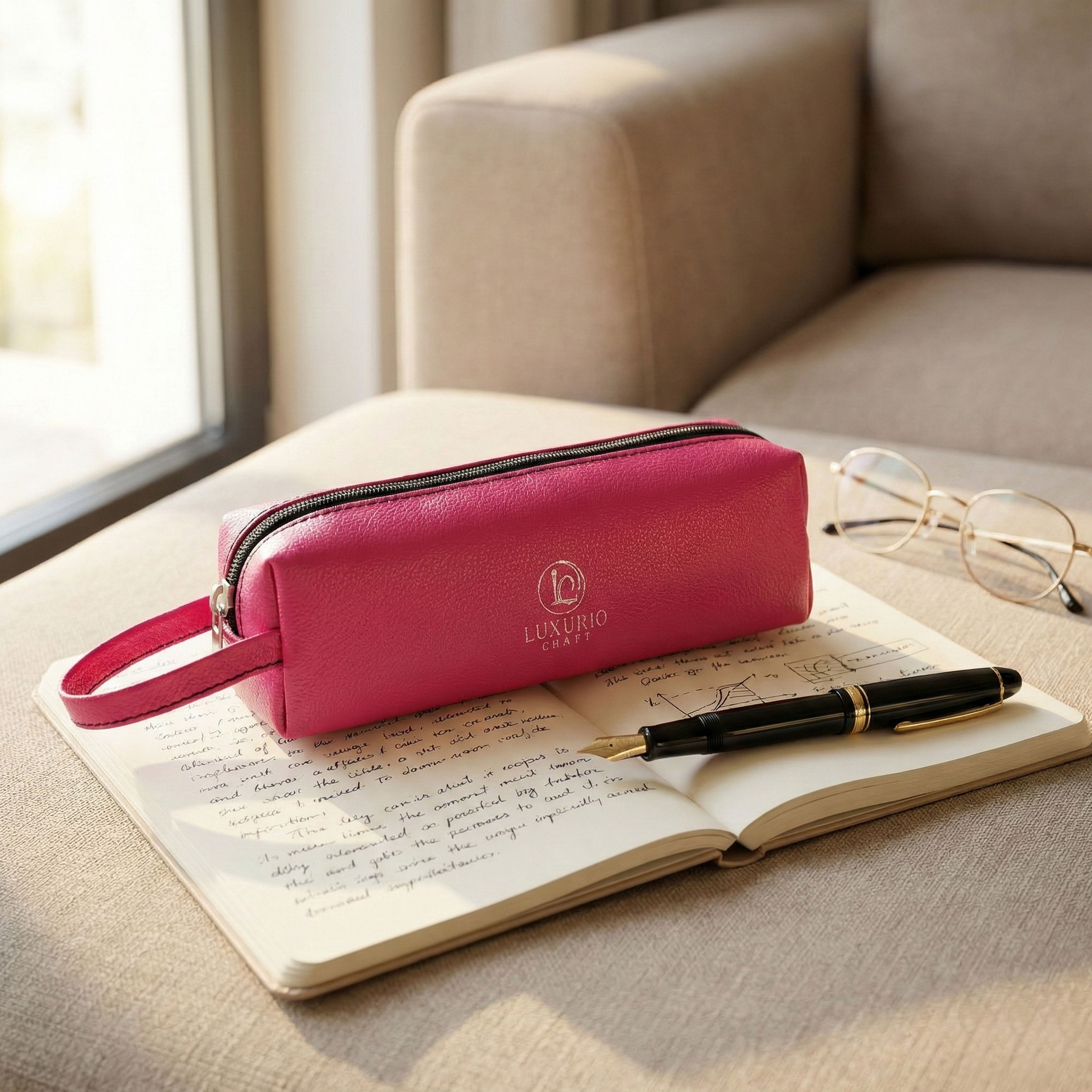 Luxurio Craft Premium Leather Pencil Case | Stylish Pink Zippered Stationery Organizer | Elegant Pen & Accessory Pouch for Office & School