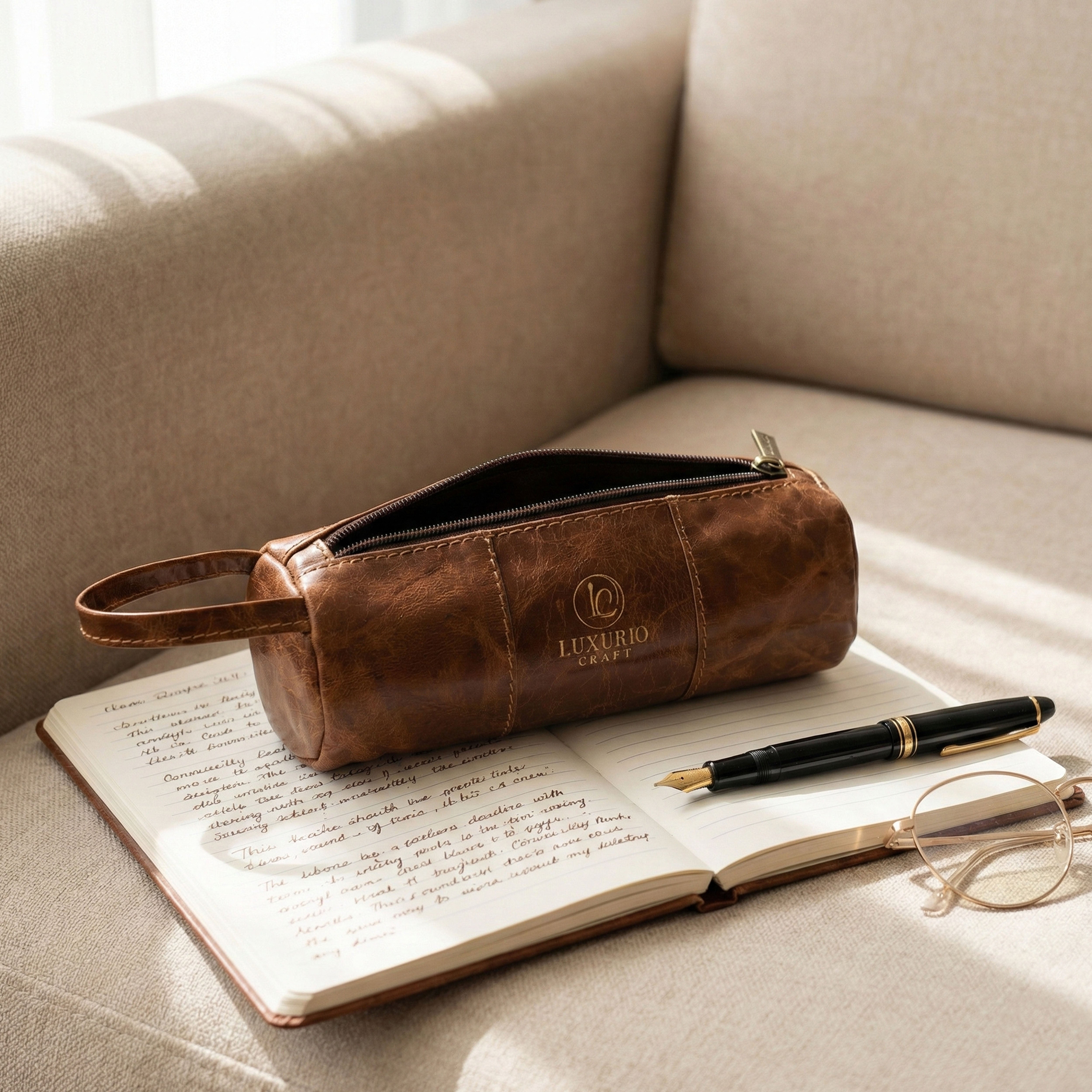Luxurio Craft Premium Leather Pencil Case | Handcrafted Vintage Stationery Organizer | Zippered Leather Pouch for Office & School