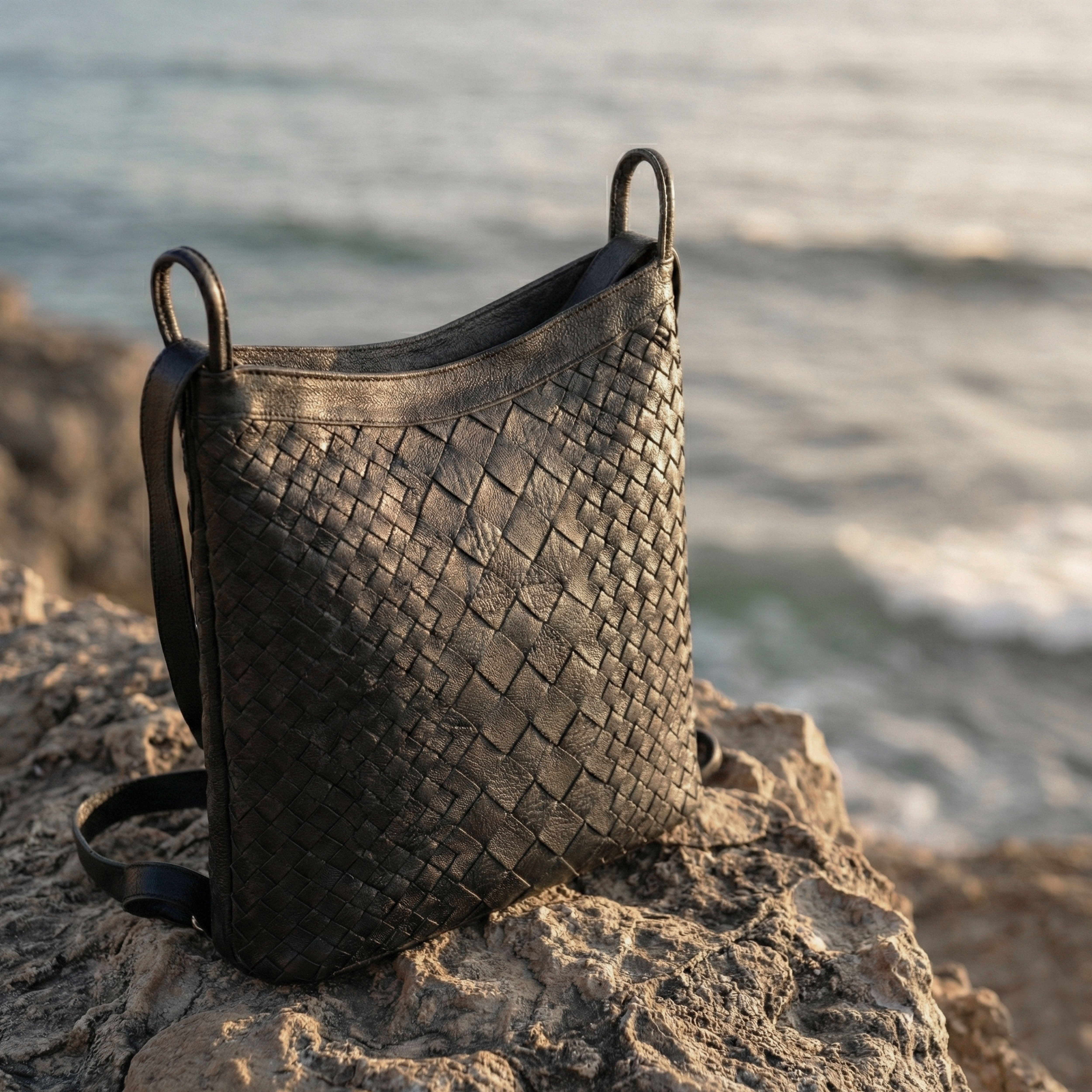 Luxurio Craft Women’s Woven Leather Crossbody Bag | Premium Black Handcrafted Sling Bag | Elegant Everyday Shoulder Purse
