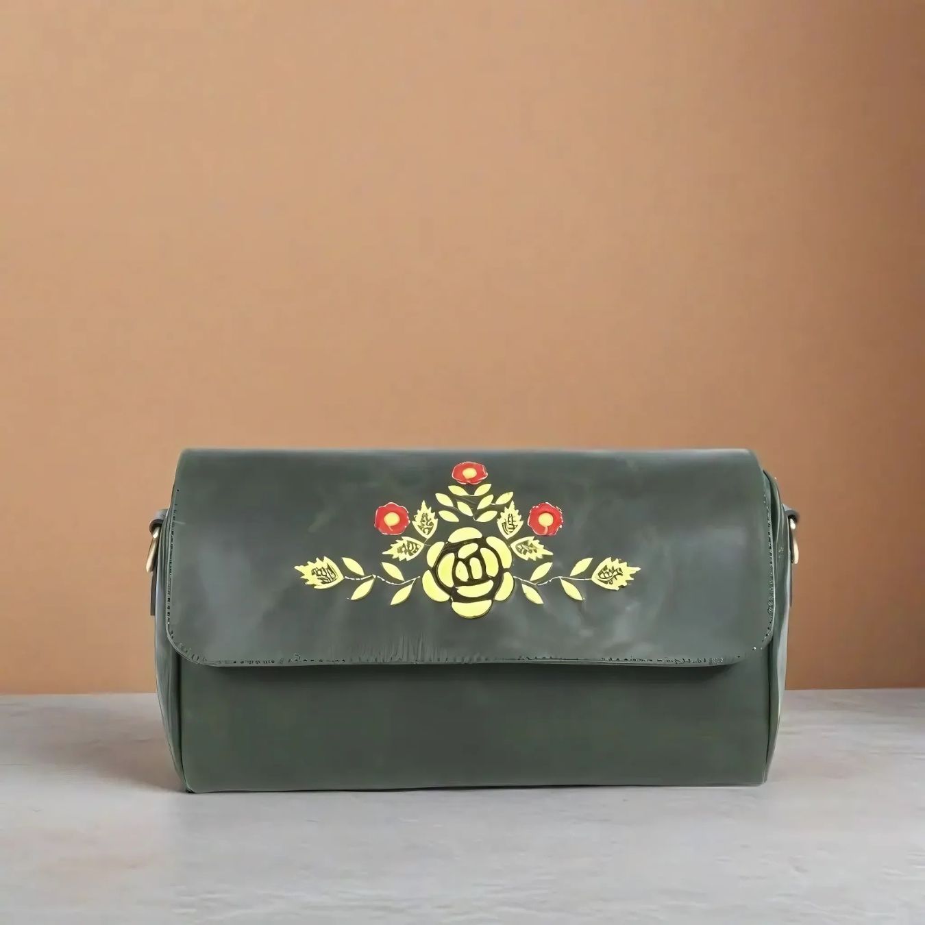 Premium Dark Green Leather Shoulder Bag – Elegant Embroidered Floral Design for Women